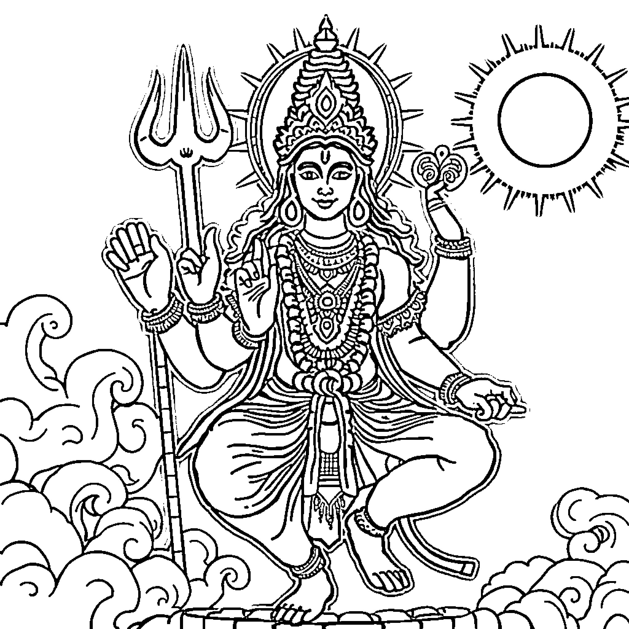 Vishnu's divine presence and cosmic symbolism Coloring Page (free black-and-white line drawing printable PDF for all, from beginners to advanced learners, including children, teens, adults, and seniors)