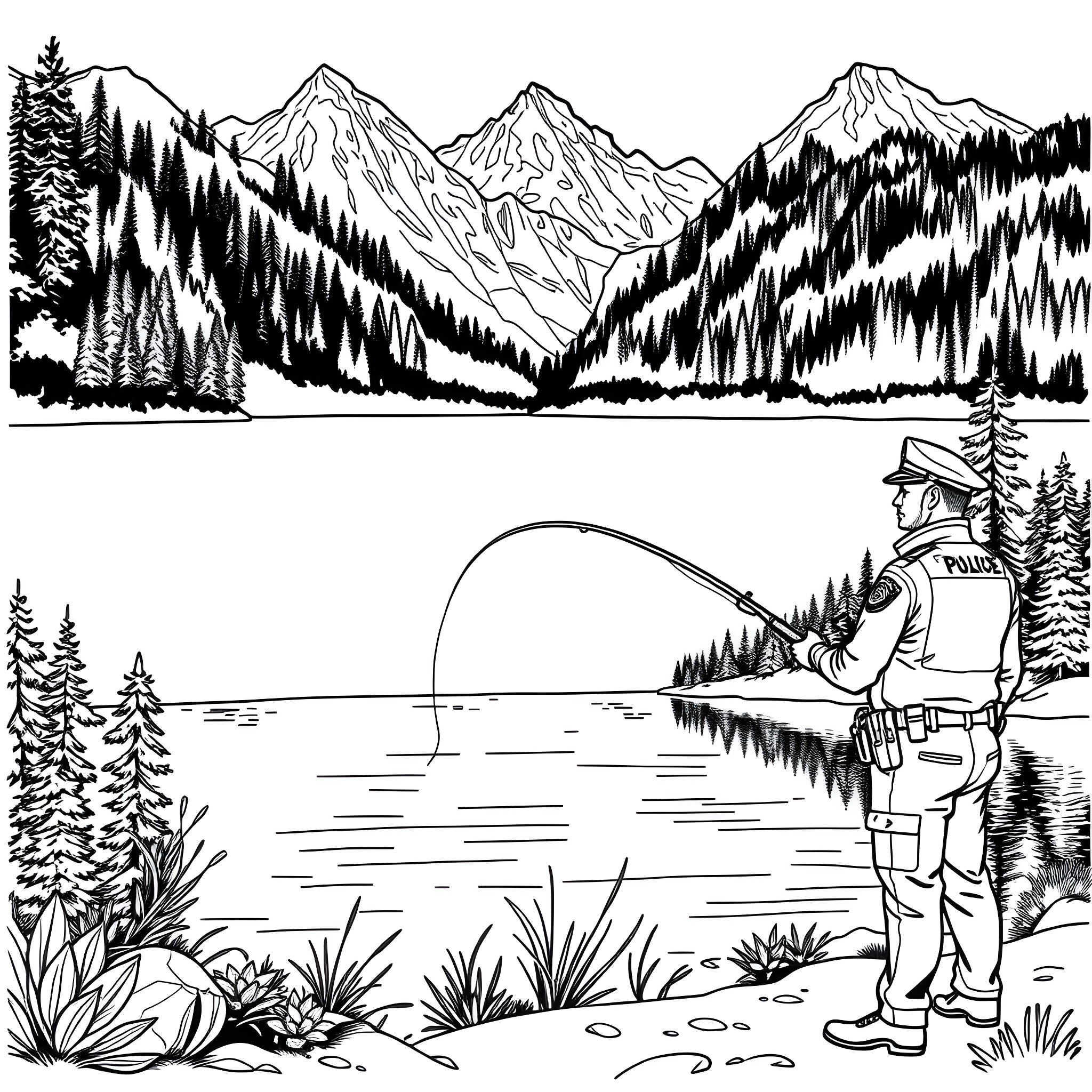 Cop Patrolling in Serene Mountain Landscape Coloring Page (free black-and-white line drawing printable PDF for all, from beginners to advanced learners, including children, teens, adults, and seniors)