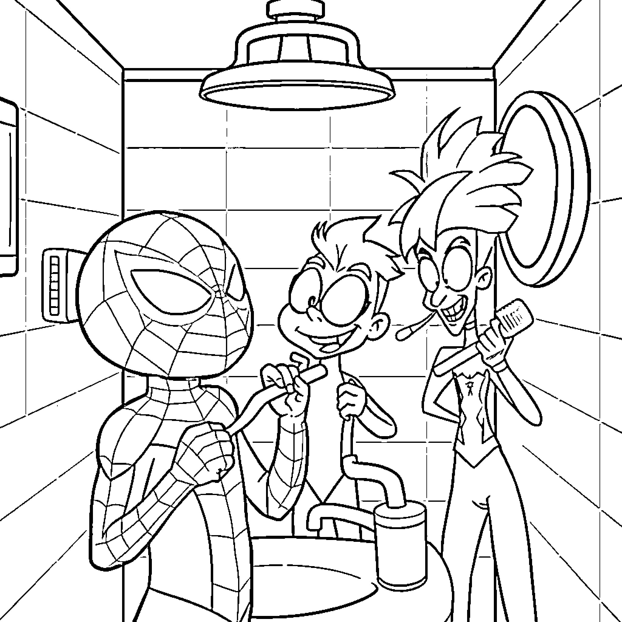 Spidey and pals in a heroic adventure Coloring Page (free black-and-white line drawing printable PDF for all, from beginners to advanced learners, including children, teens, adults, and seniors)