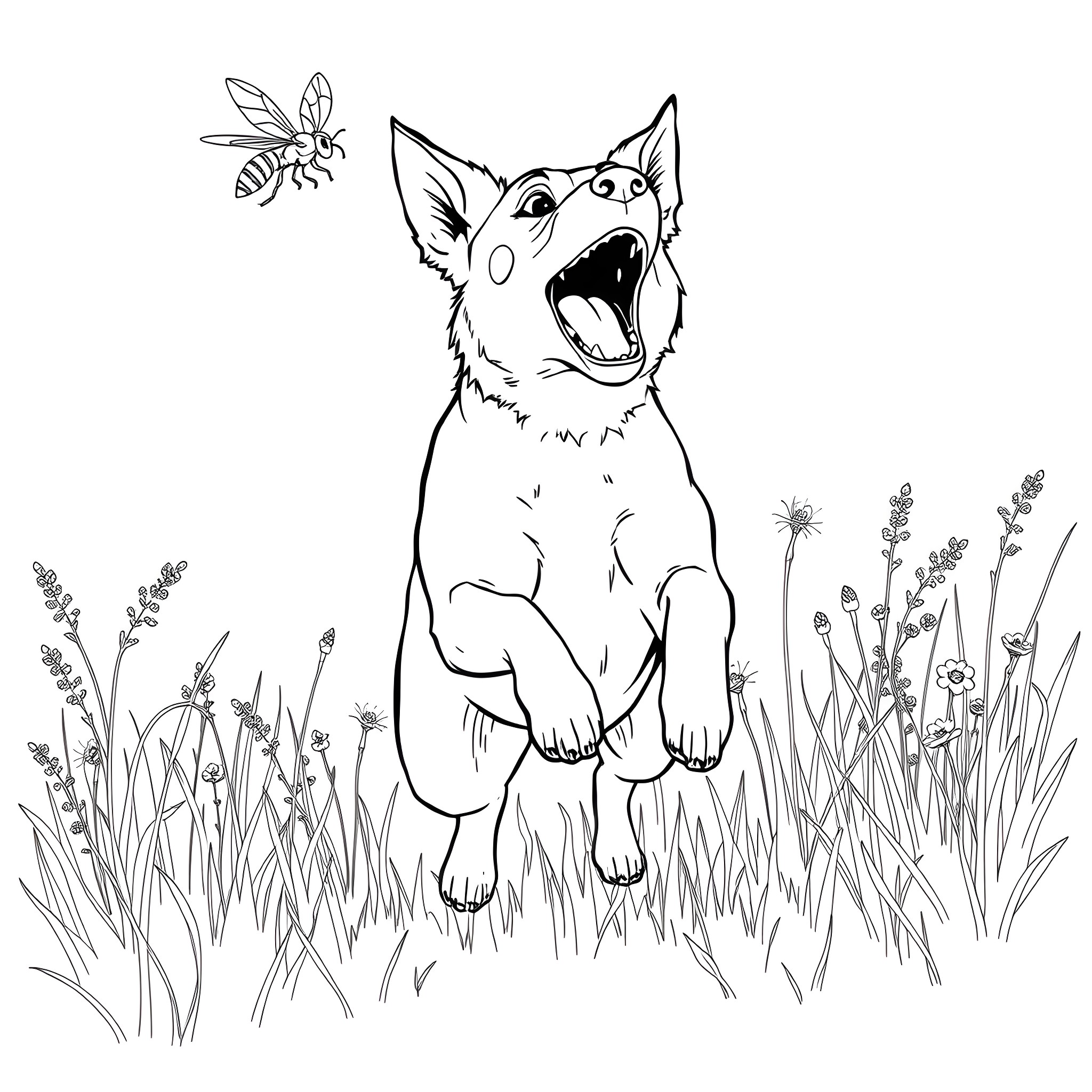 Dog Surprised by Buzzing Bee in Field Coloring Page (free black-and-white line drawing printable PDF for all, from beginners to advanced learners, including children, teens, adults, and seniors)