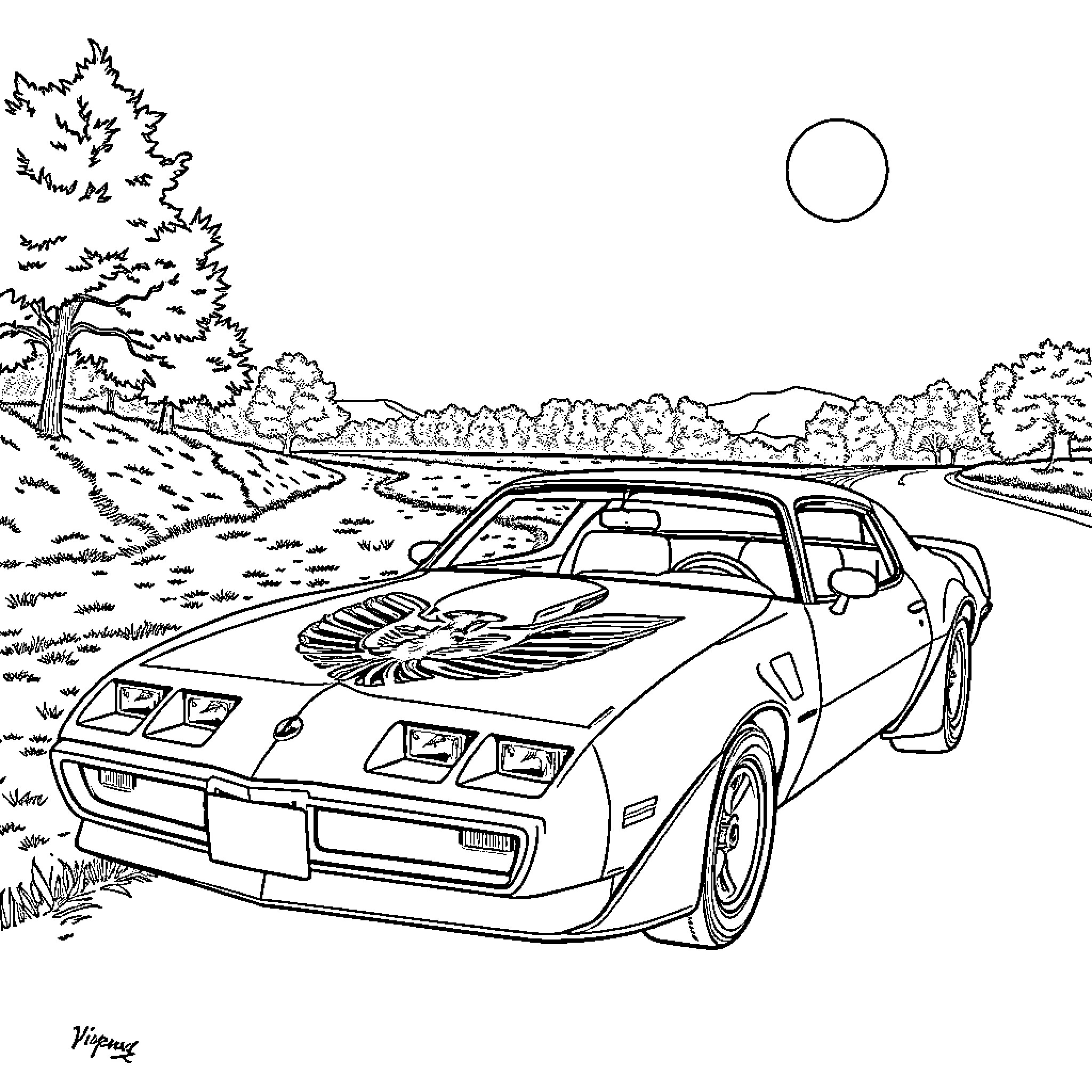 Firebird racing on a scenic countryside road Coloring Page (free black-and-white line drawing printable PDF for all, from beginners to advanced learners, including children, teens, adults, and seniors)