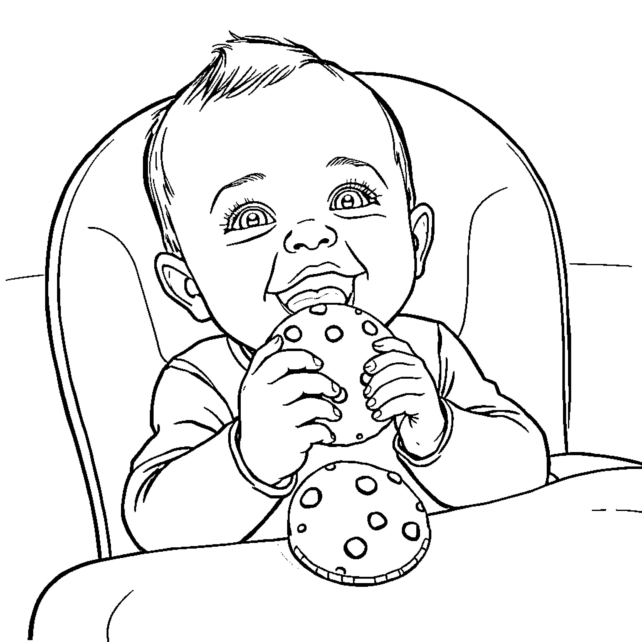 Baby giggling while playing with a toy Coloring Page (free black-and-white line drawing printable PDF for all, from beginners to advanced learners, including children, teens, adults, and seniors)