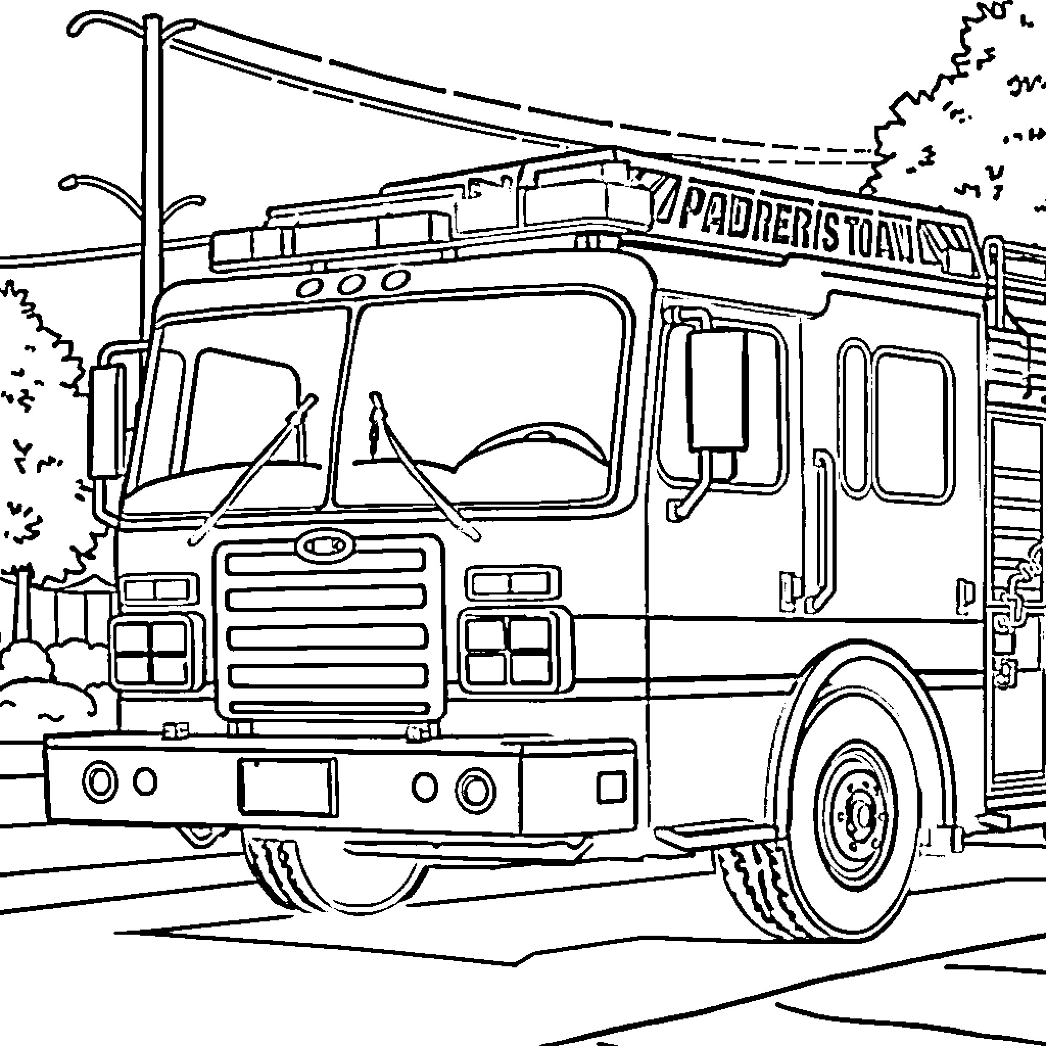 Firetruck with emergency equipment responding to a call Coloring Page (free black-and-white line drawing printable PDF for all, from beginners to advanced learners, including children, teens, adults, and seniors)