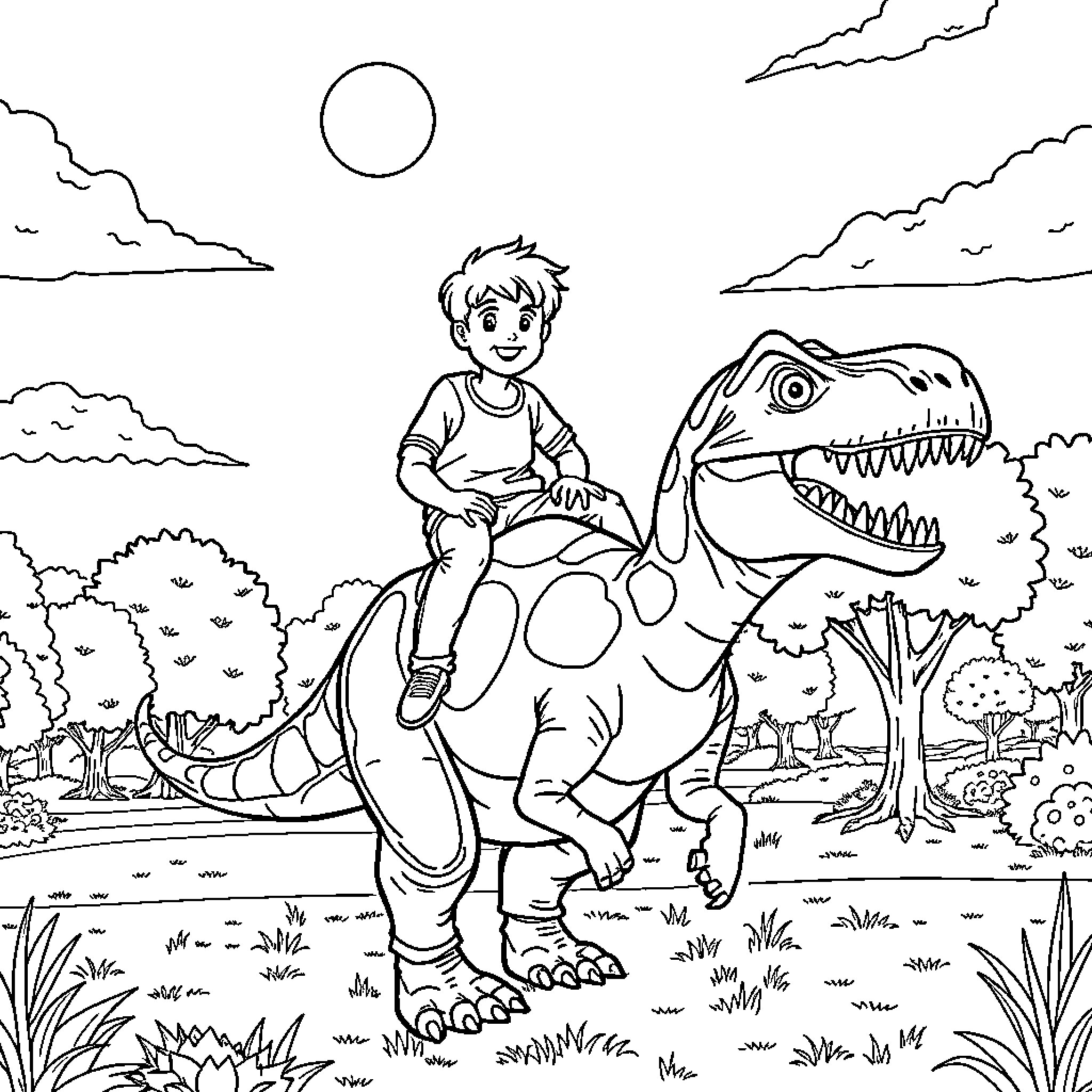 Boy rides on a friendly dinosaur in a lush outdoor scene Coloring Page (free black-and-white line drawing printable PDF for all, from beginners to advanced learners, including children, teens, adults, and seniors)