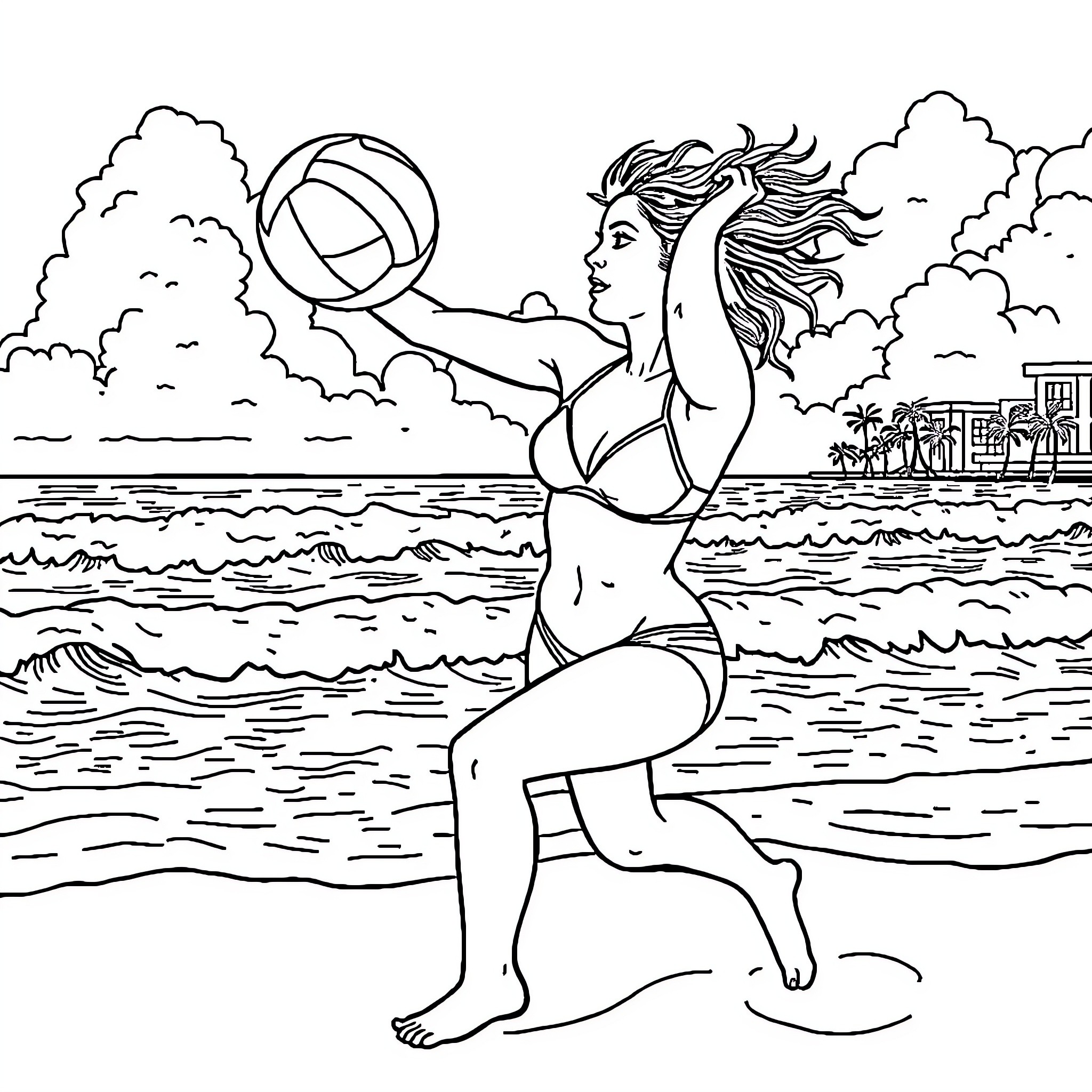 Sydney Sweeney playing volleyball on the beach Coloring Page (free black-and-white line drawing printable PDF for all, from beginners to advanced learners, including children, teens, adults, and seniors)