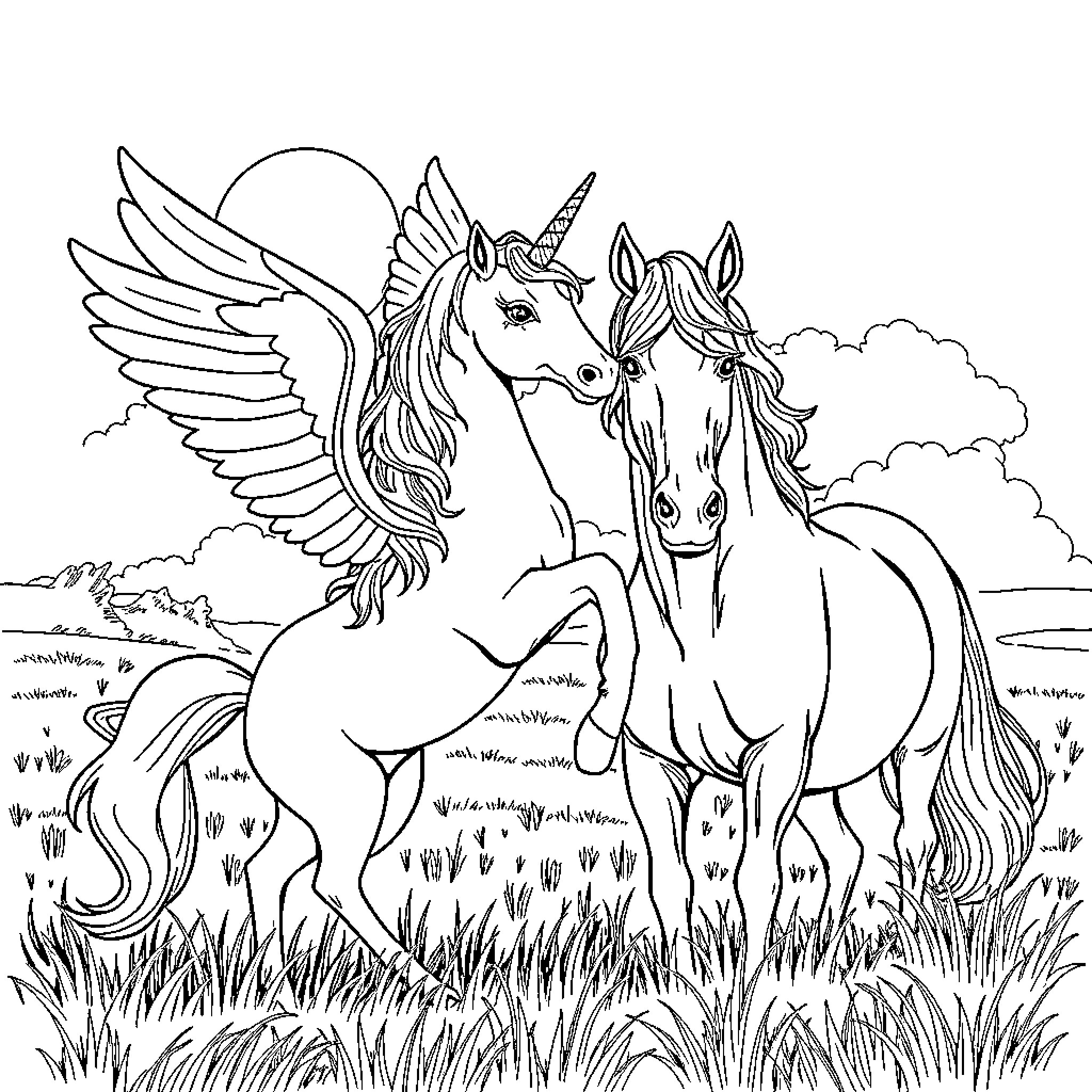 Unicorn Siblings Frolicking in the Magical Meadow Coloring Page (free black-and-white line drawing printable PDF for all, from beginners to advanced learners, including children, teens, adults, and seniors)