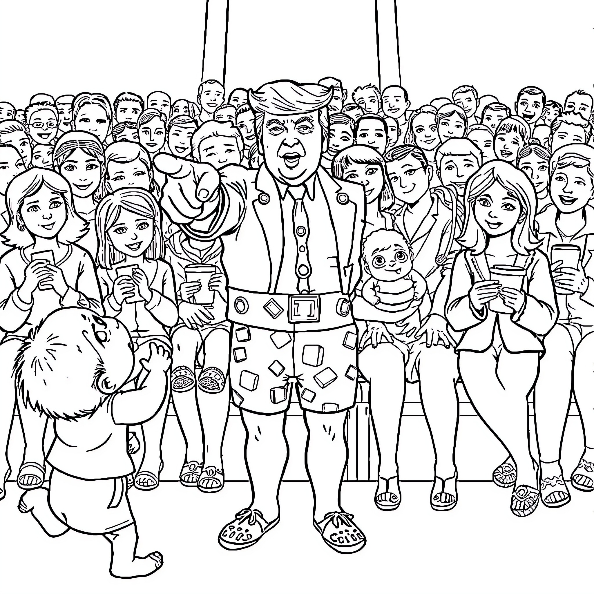 Donald Trump Surrounded by Enthusiastic Supporters Coloring Page (free black-and-white line drawing printable PDF for all, from beginners to advanced learners, including children, teens, adults, and seniors)