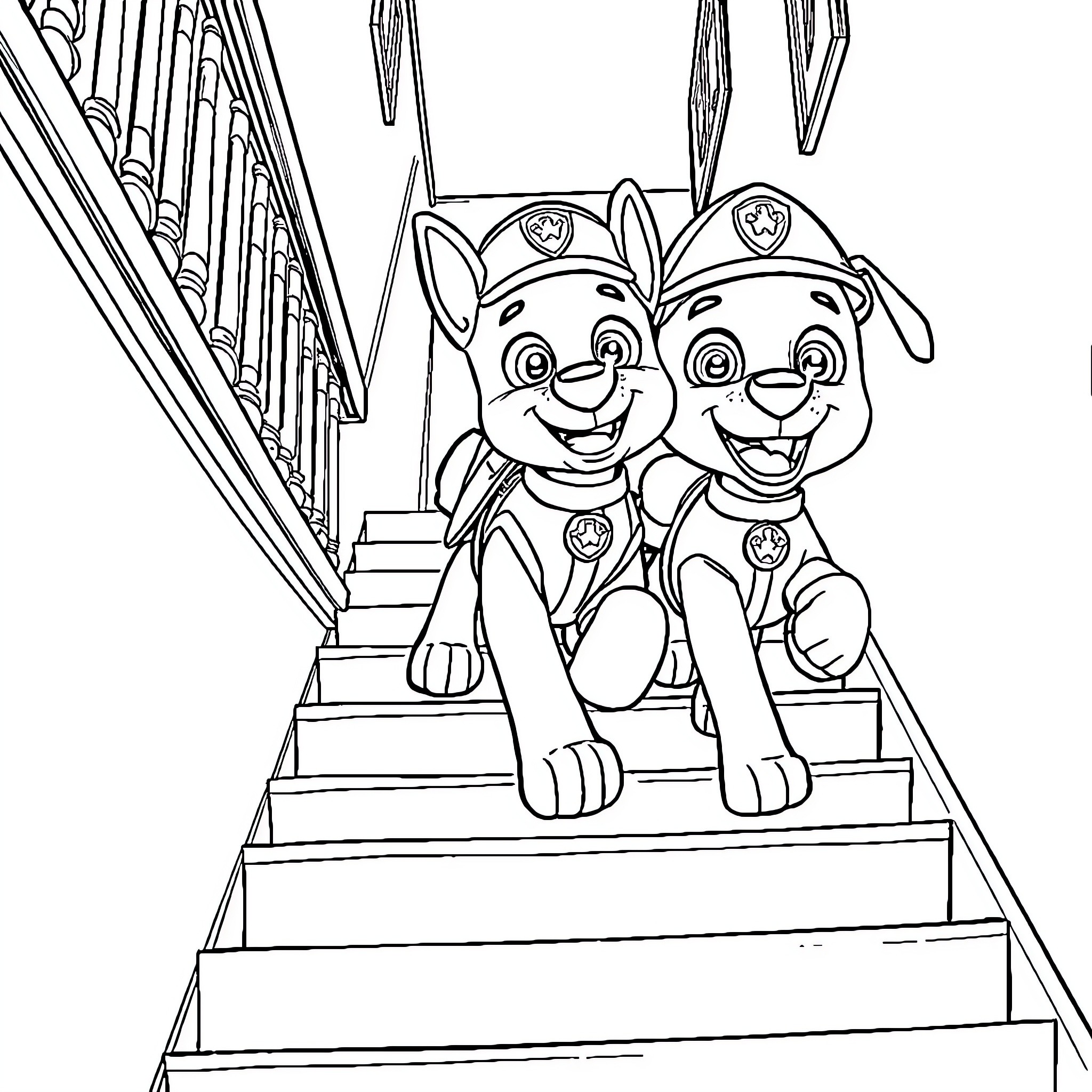 Paw Patrol puppies on stairs in uniforms Coloring Page (free black-and-white line drawing printable PDF for all, from beginners to advanced learners, including children, teens, adults, and seniors)