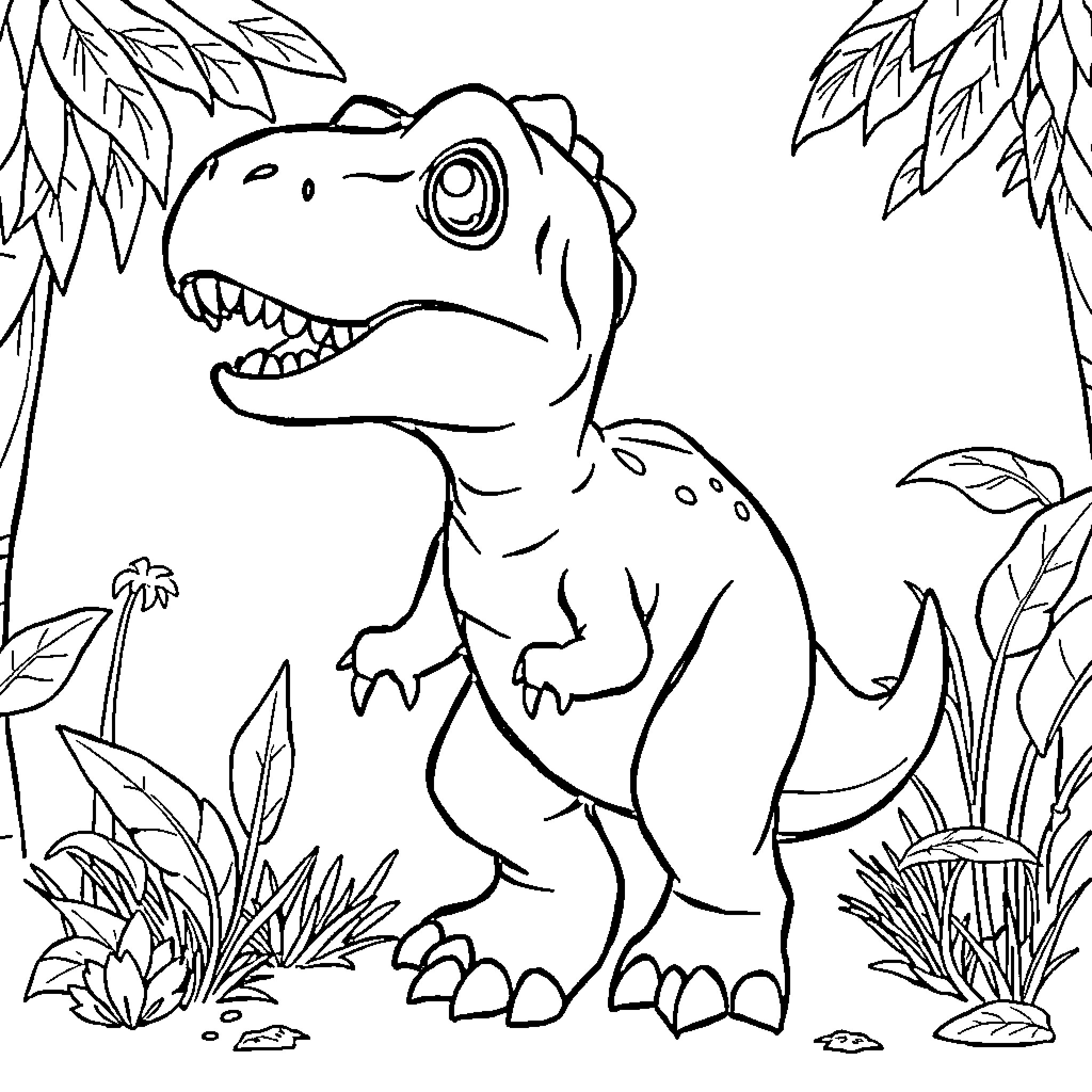 Baby Tyrannosaurus Rex exploring lush prehistoric forest Coloring Page (free black-and-white line drawing printable PDF for all, from beginners to advanced learners, including children, teens, adults, and seniors)