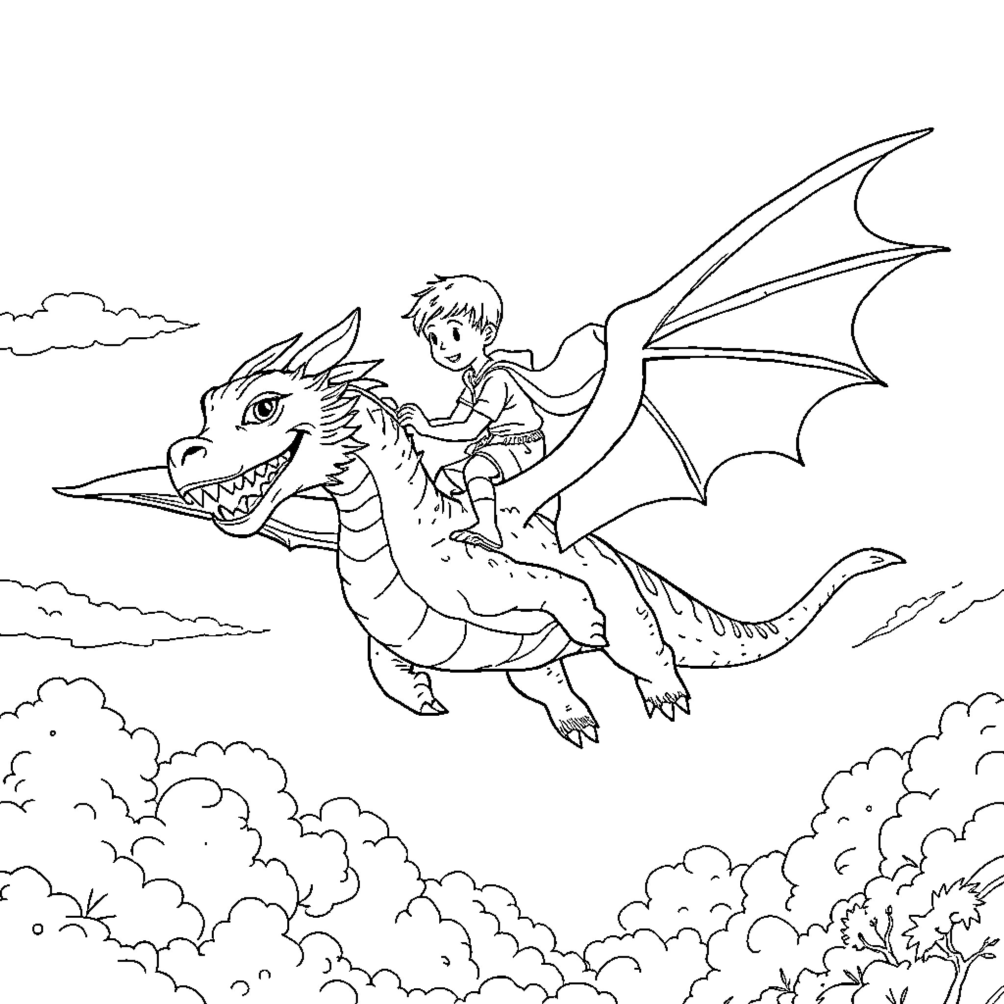 Boy riding a mythical dragon through the skies Coloring Page (free black-and-white line drawing printable PDF for all, from beginners to advanced learners, including children, teens, adults, and seniors)