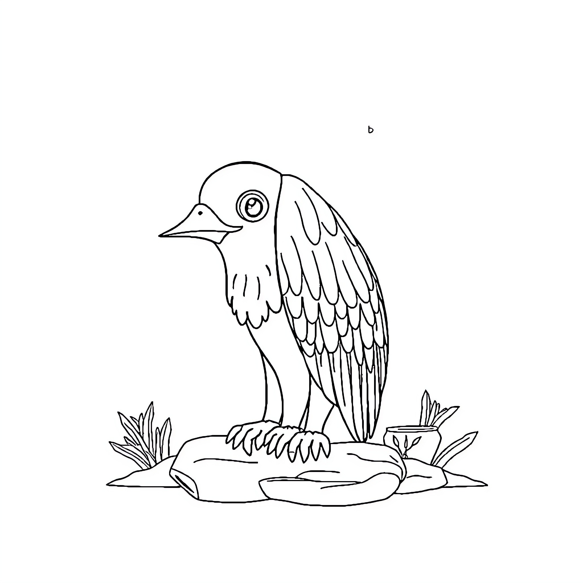 Scenery with bird perched on rock Coloring Page (free black-and-white line drawing printable PDF for all, from beginners to advanced learners, including children, teens, adults, and seniors)