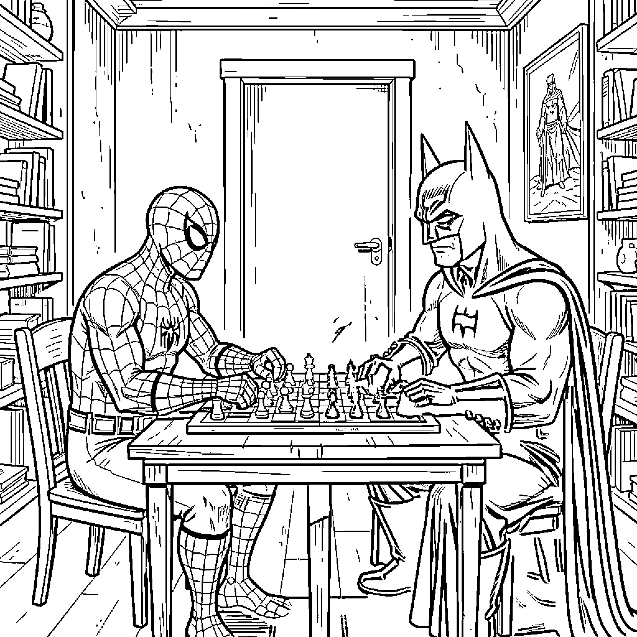 Spider-Man playing a game of chess against Batman Coloring Page (free black-and-white line drawing printable PDF for all, from beginners to advanced learners, including children, teens, adults, and seniors)