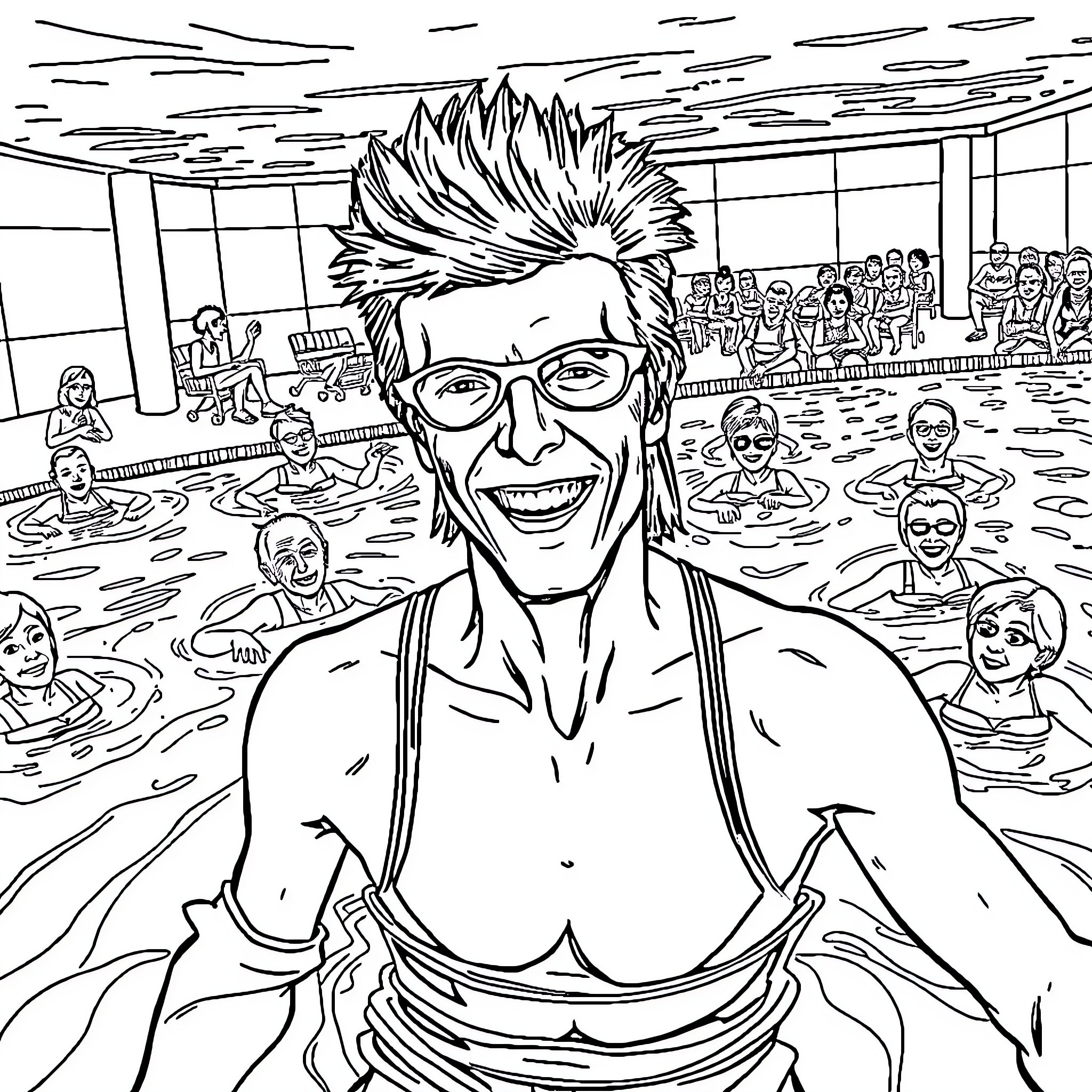 David Bowie enjoying a lively pool party Coloring Page (free black-and-white line drawing printable PDF for all, from beginners to advanced learners, including children, teens, adults, and seniors)