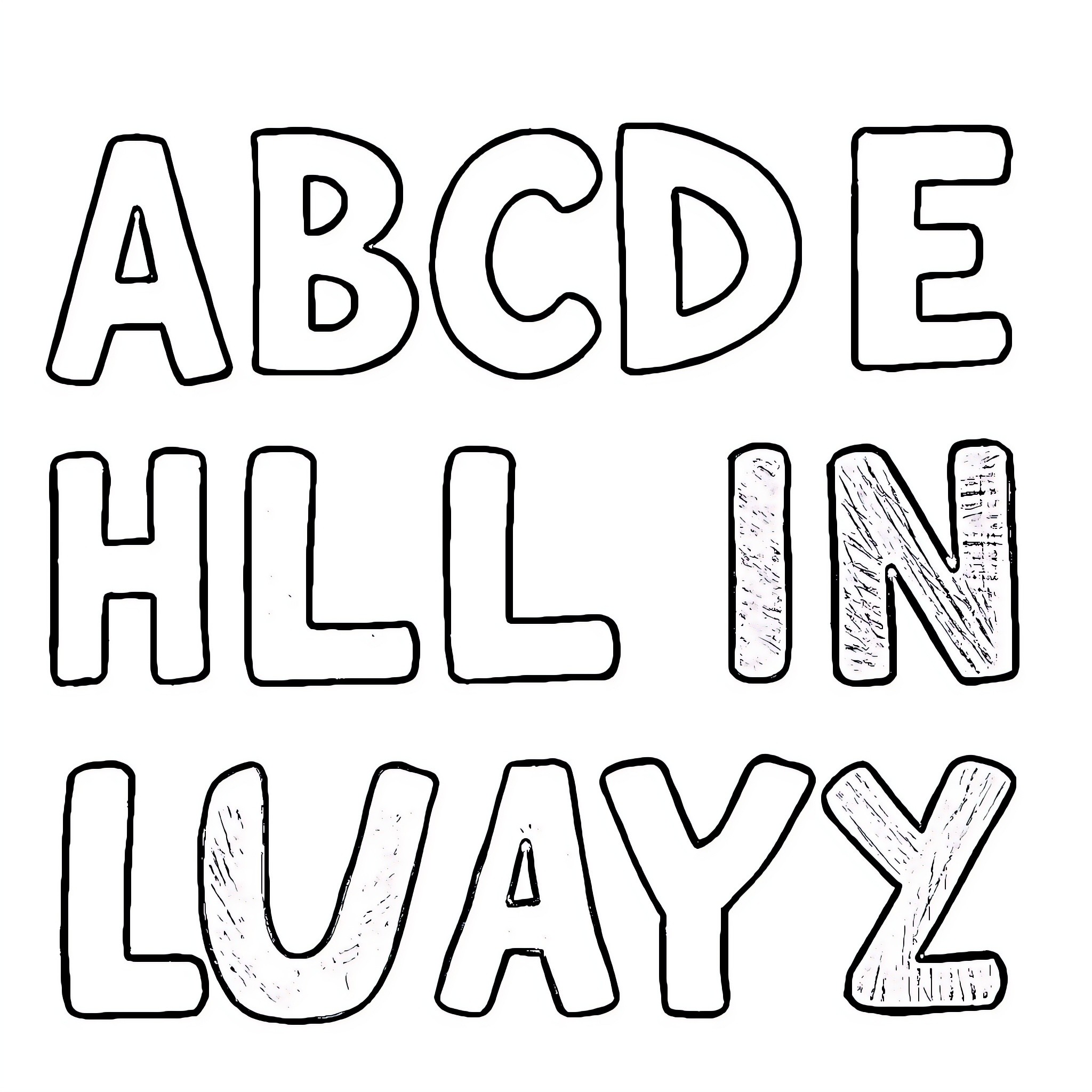 Alphabet made of playful and stylized letters Coloring Page (free black-and-white line drawing printable PDF for all, from beginners to advanced learners, including children, teens, adults, and seniors)