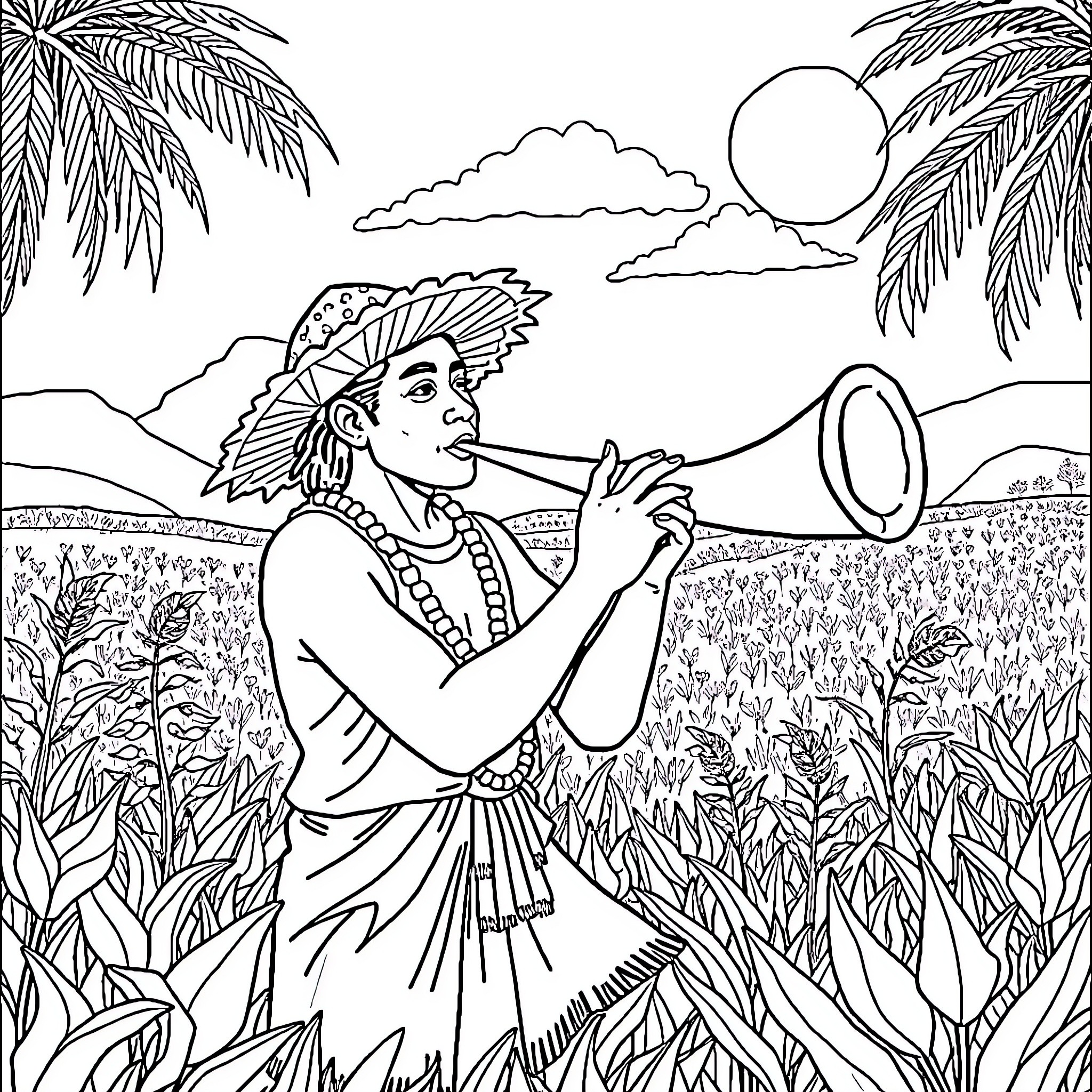 Campesino working in the tropical field Coloring Page (free black-and-white line drawing printable PDF for all, from beginners to advanced learners, including children, teens, adults, and seniors)