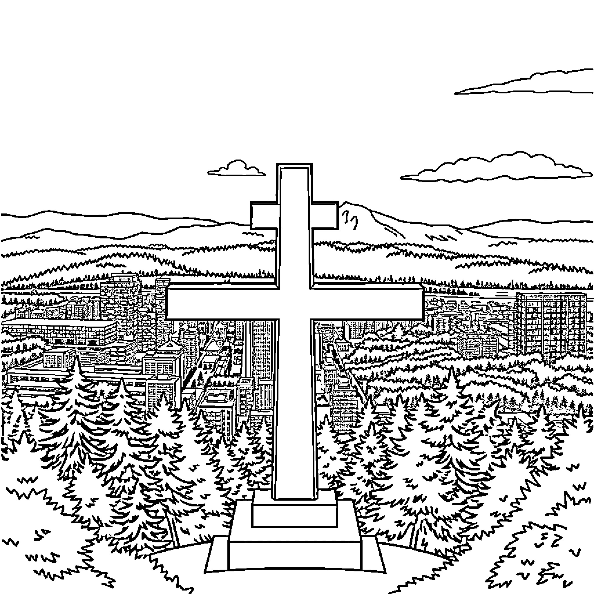 East Van Cross - Iconic Urban Landmark in Scenic Setting Coloring Page (free black-and-white line drawing printable PDF for all, from beginners to advanced learners, including children, teens, adults, and seniors)