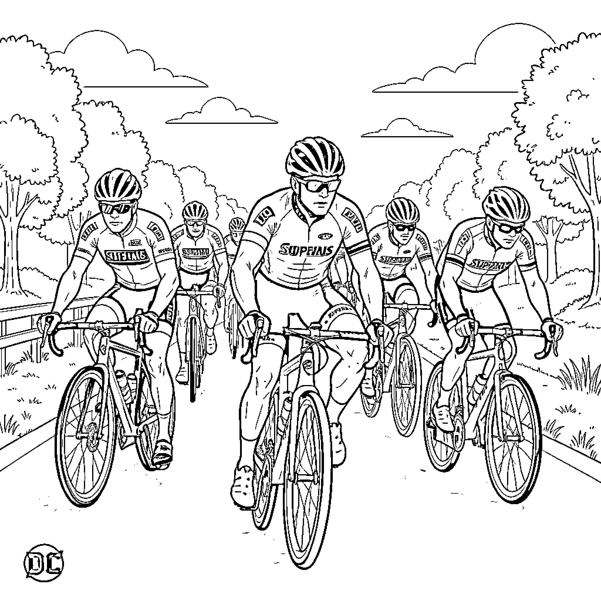 DC Comics Superhero characters racing on bicycles Coloring Page (free black-and-white line drawing printable PDF for all, from beginners to advanced learners, including children, teens, adults, and seniors)