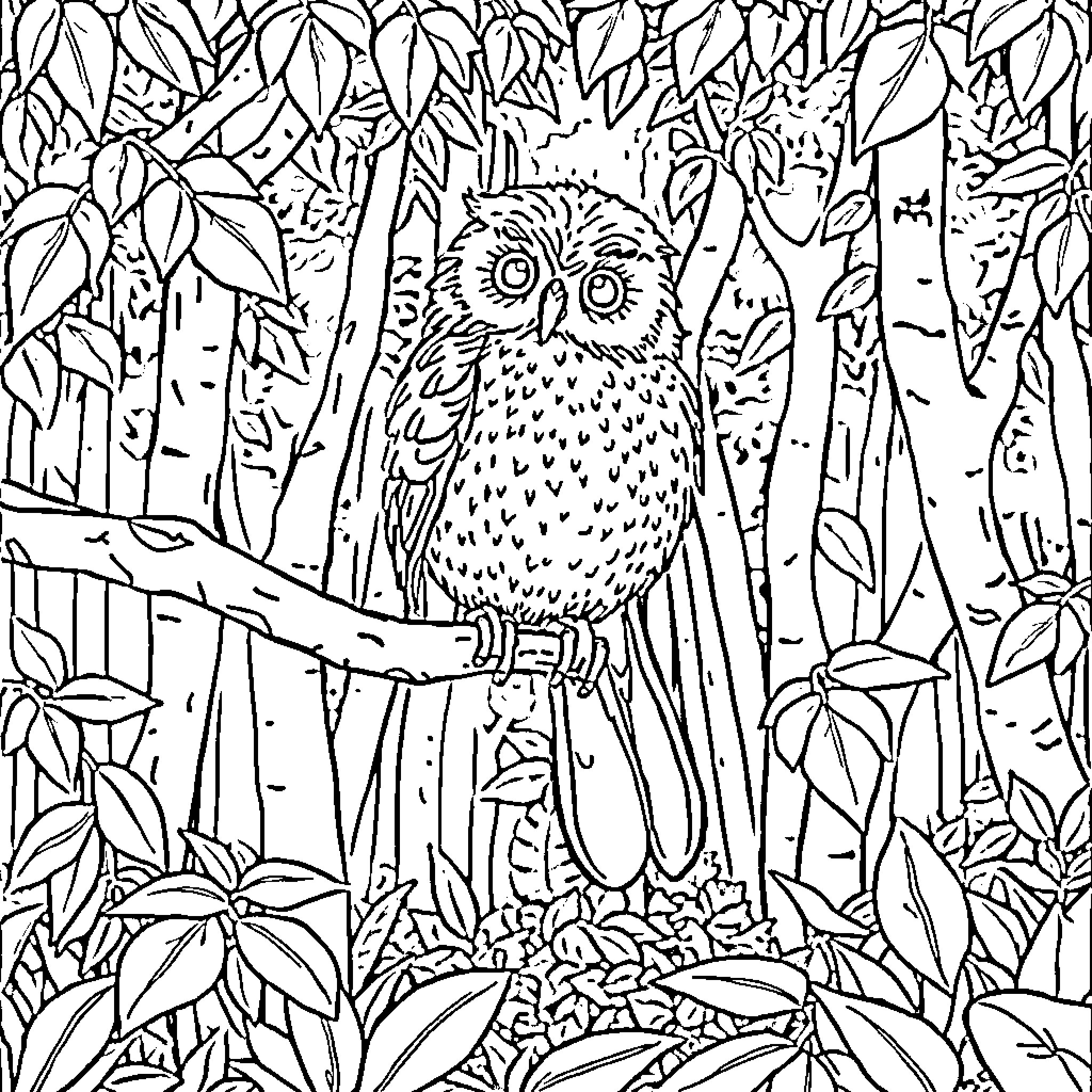 Hibou the Owl in the Enchanted Forest Coloring Page (free black-and-white line drawing printable PDF for all, from beginners to advanced learners, including children, teens, adults, and seniors)
