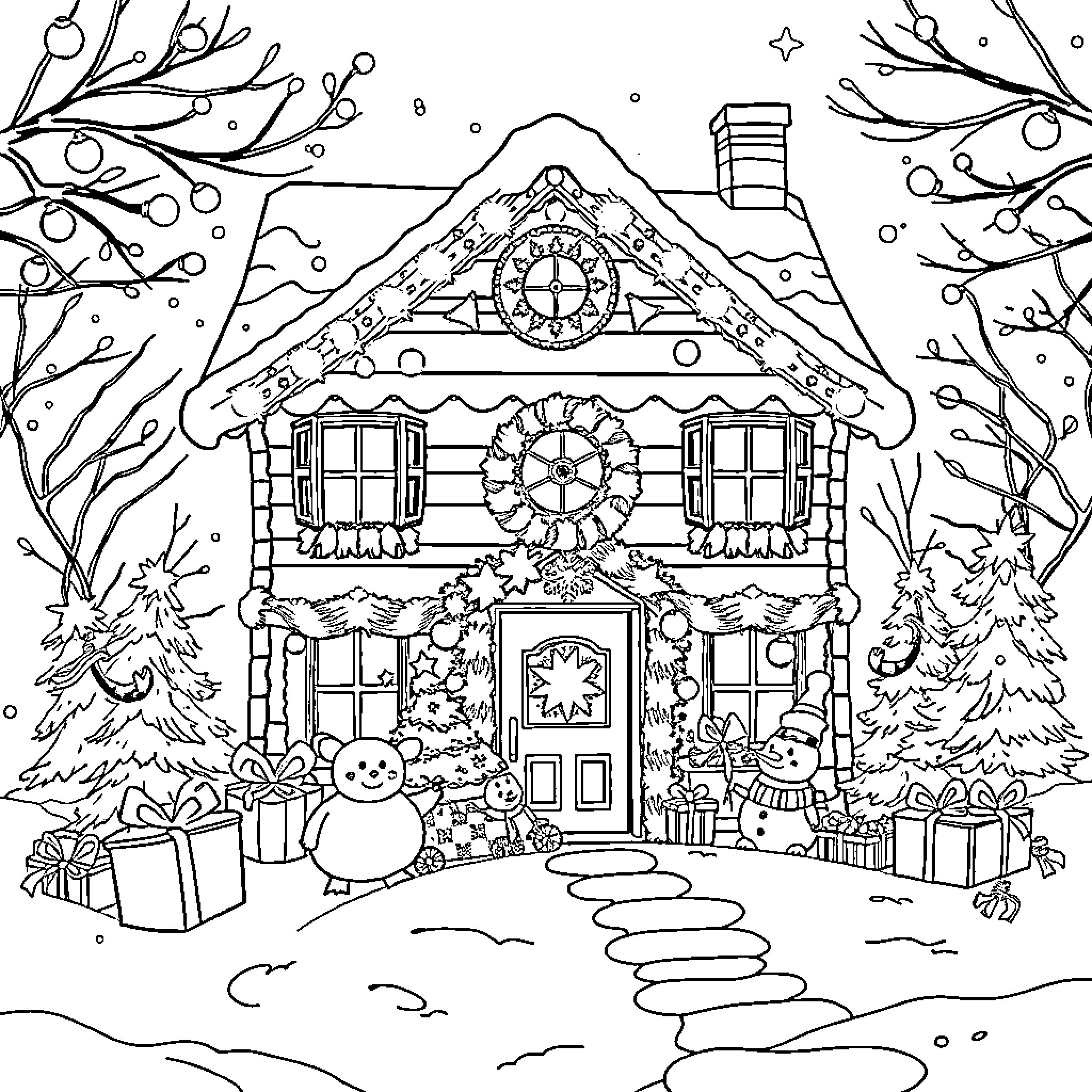 House Decorated for Winter Celebration Coloring Page (free black-and-white line drawing printable PDF for all, from beginners to advanced learners, including children, teens, adults, and seniors)