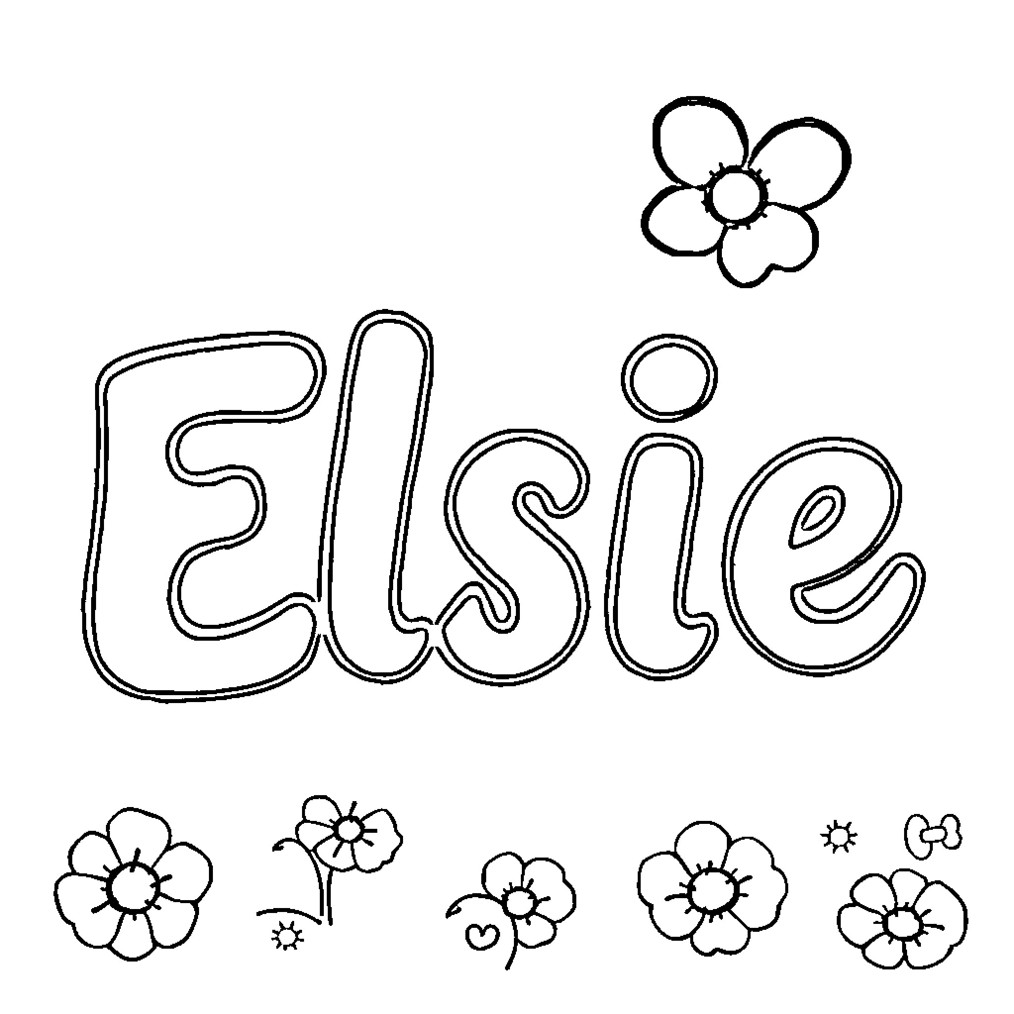 Elsie's Flower-Filled Drawing Coloring Page (free black-and-white line drawing printable PDF for all, from beginners to advanced learners, including children, teens, adults, and seniors)