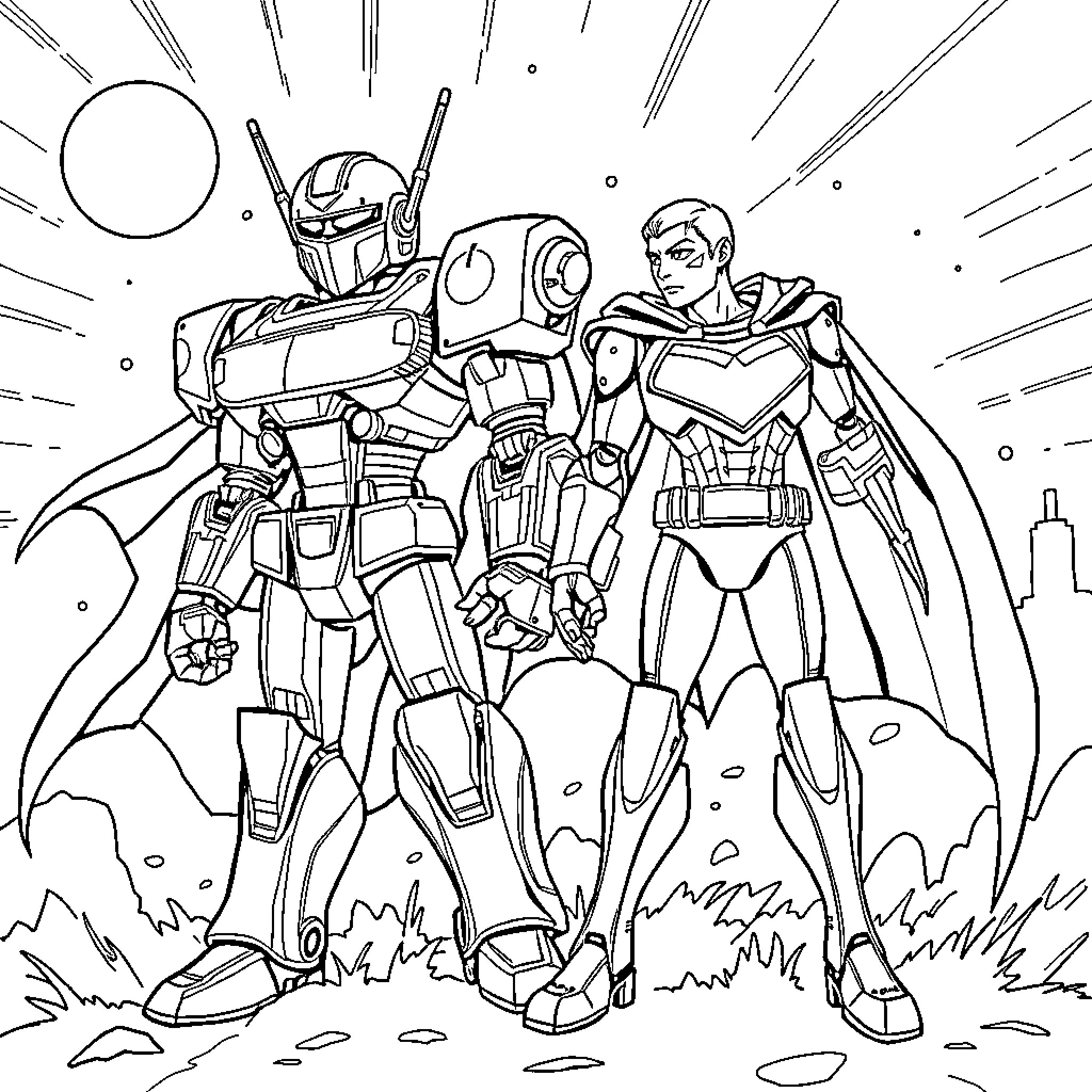 Robot heroes battling in the epic landscape Coloring Page (free black-and-white line drawing printable PDF for all, from beginners to advanced learners, including children, teens, adults, and seniors)