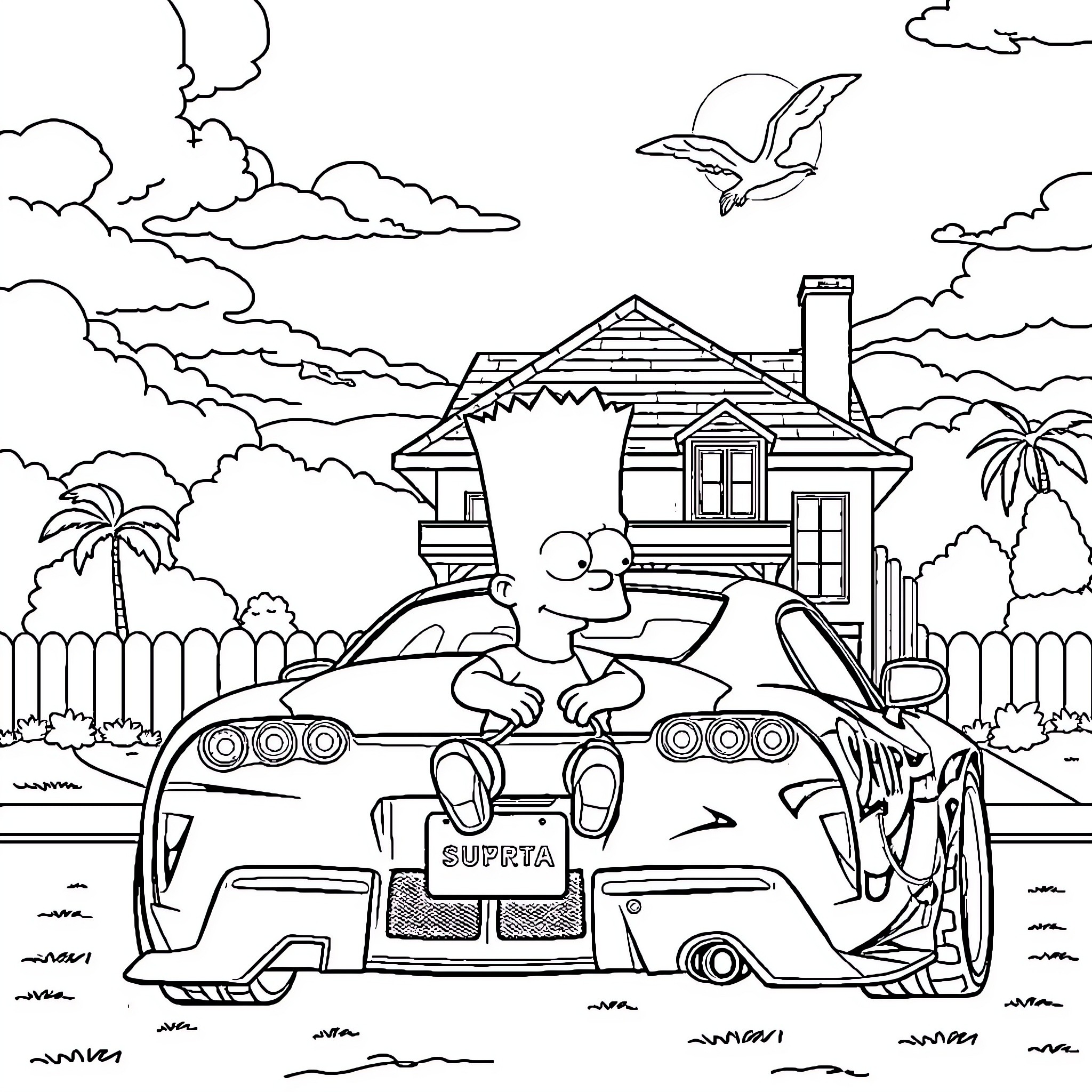 Bart Simpson's beach house adventure Coloring Page (free black-and-white line drawing printable PDF for all, from beginners to advanced learners, including children, teens, adults, and seniors)