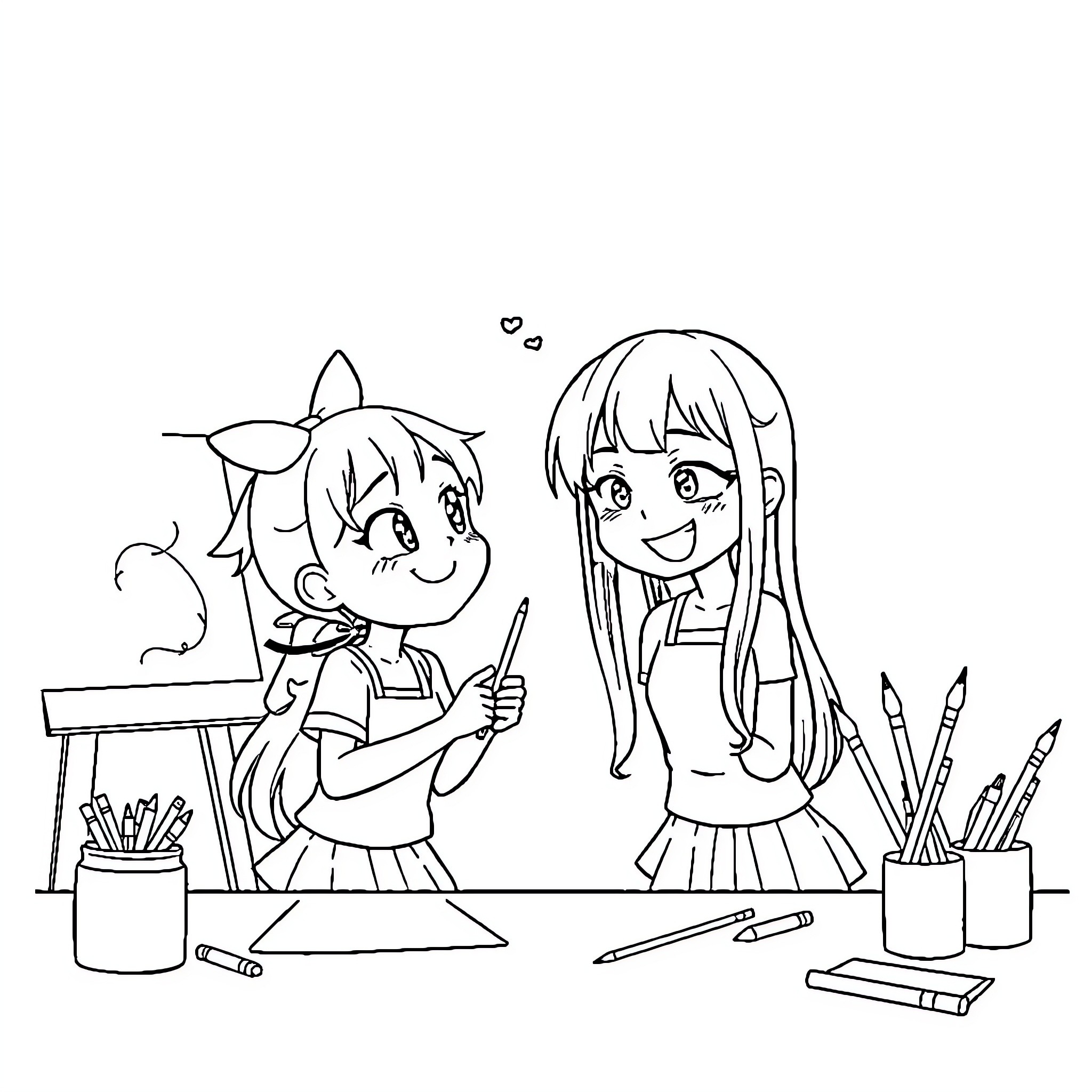 Nagatoro and friend drawing together happily Coloring Page (free black-and-white line drawing printable PDF for all, from beginners to advanced learners, including children, teens, adults, and seniors)