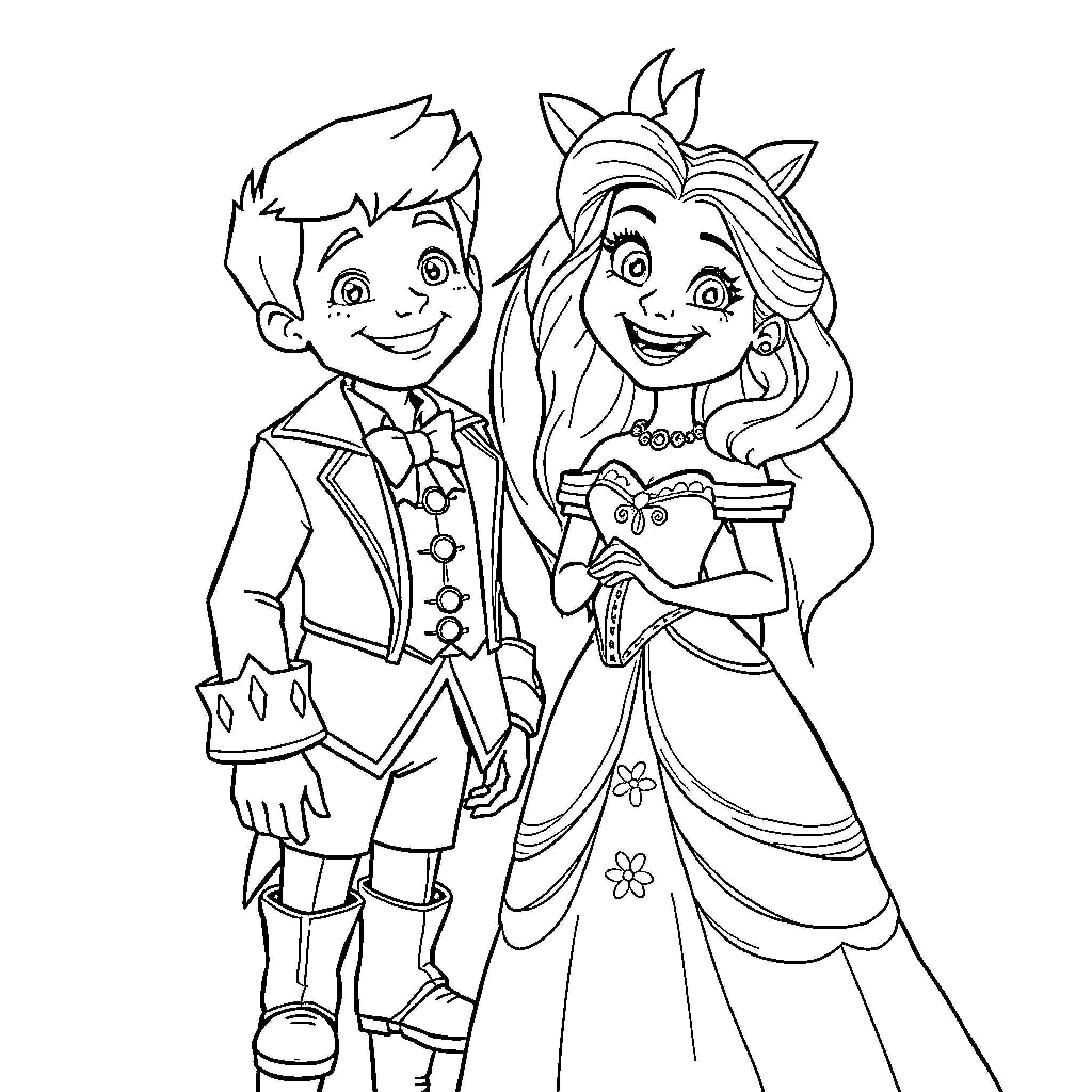 Jack and Sally in formal attire posing together Coloring Page (free black-and-white line drawing printable PDF for all, from beginners to advanced learners, including children, teens, adults, and seniors)