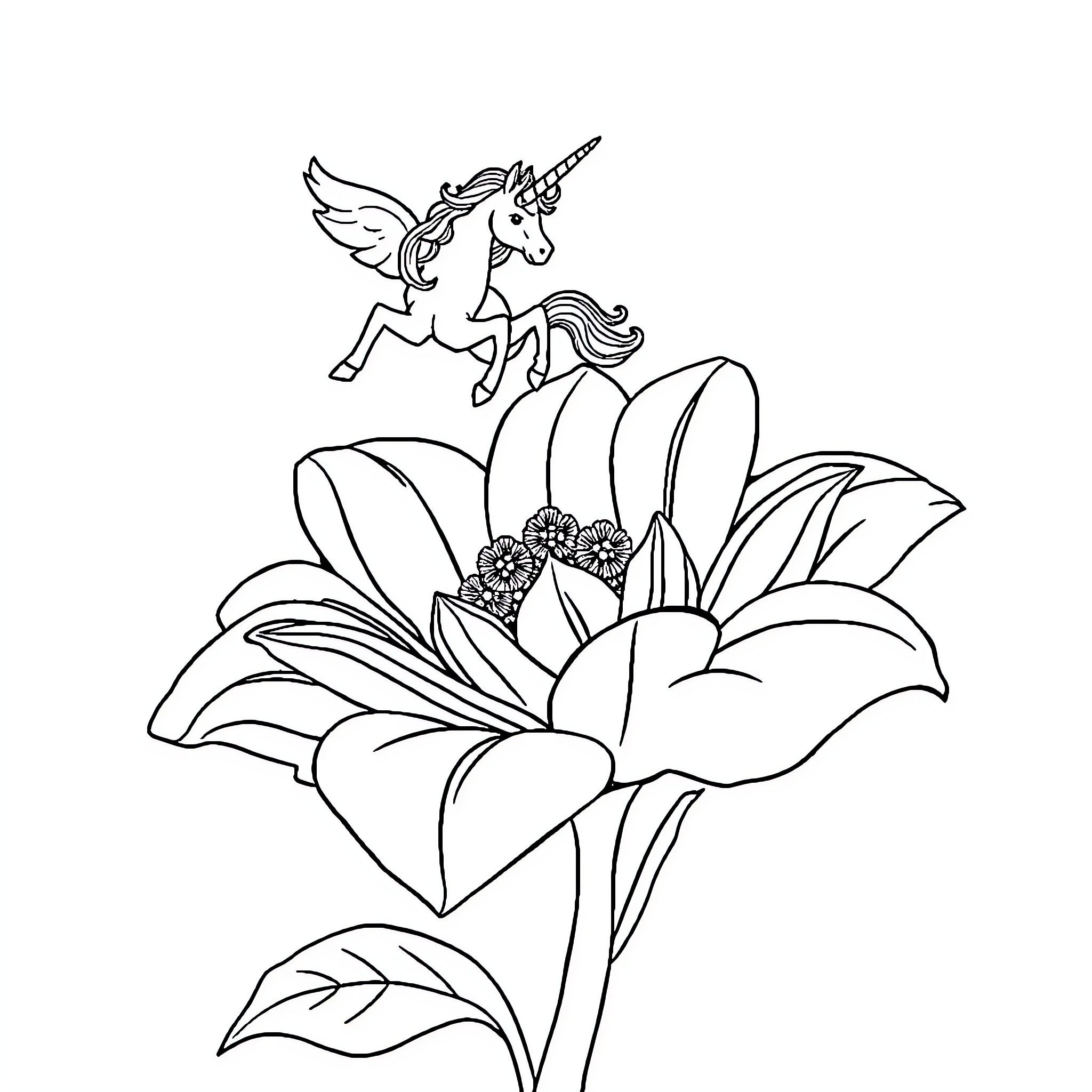 Flower with Unicorn Soaring Above Coloring Page (free black-and-white line drawing printable PDF for all, from beginners to advanced learners, including children, teens, adults, and seniors)