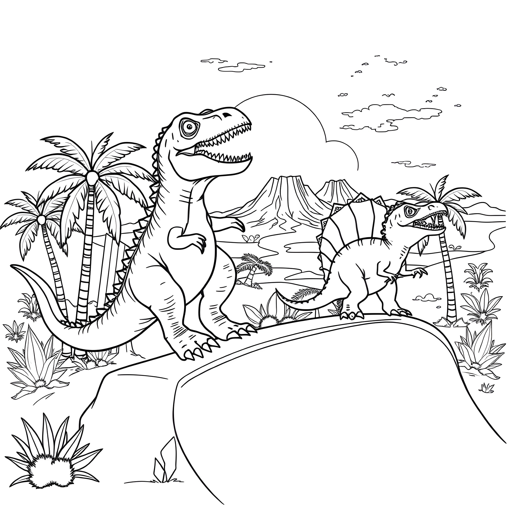 Dinosaurs roaming the prehistoric landscape Coloring Page (free black-and-white line drawing printable PDF for all, from beginners to advanced learners, including children, teens, adults, and seniors)