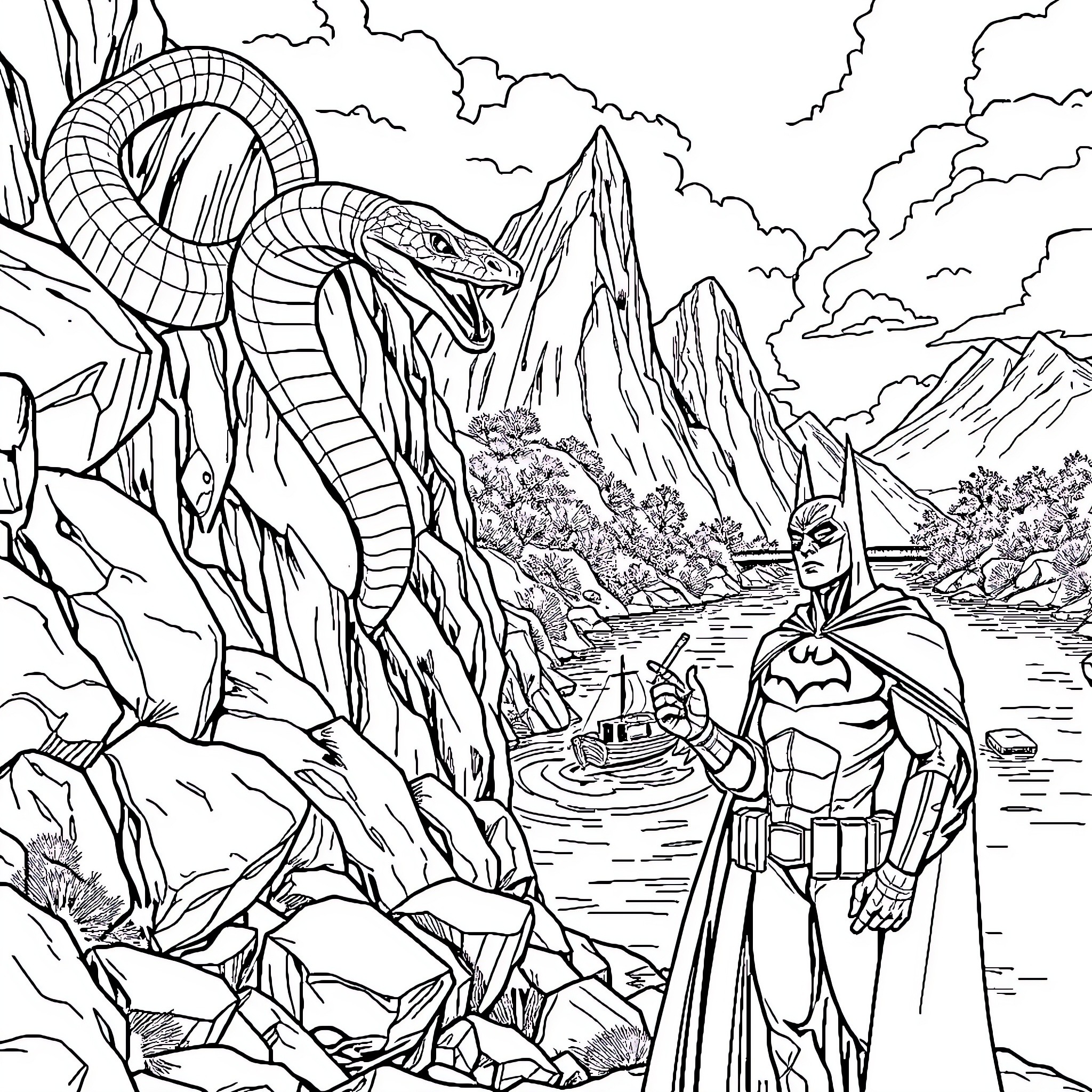 Snake Coiling Amidst Rugged Landscape and Mysterious Figure Coloring Page (free black-and-white line drawing printable PDF for all, from beginners to advanced learners, including children, teens, adults, and seniors)