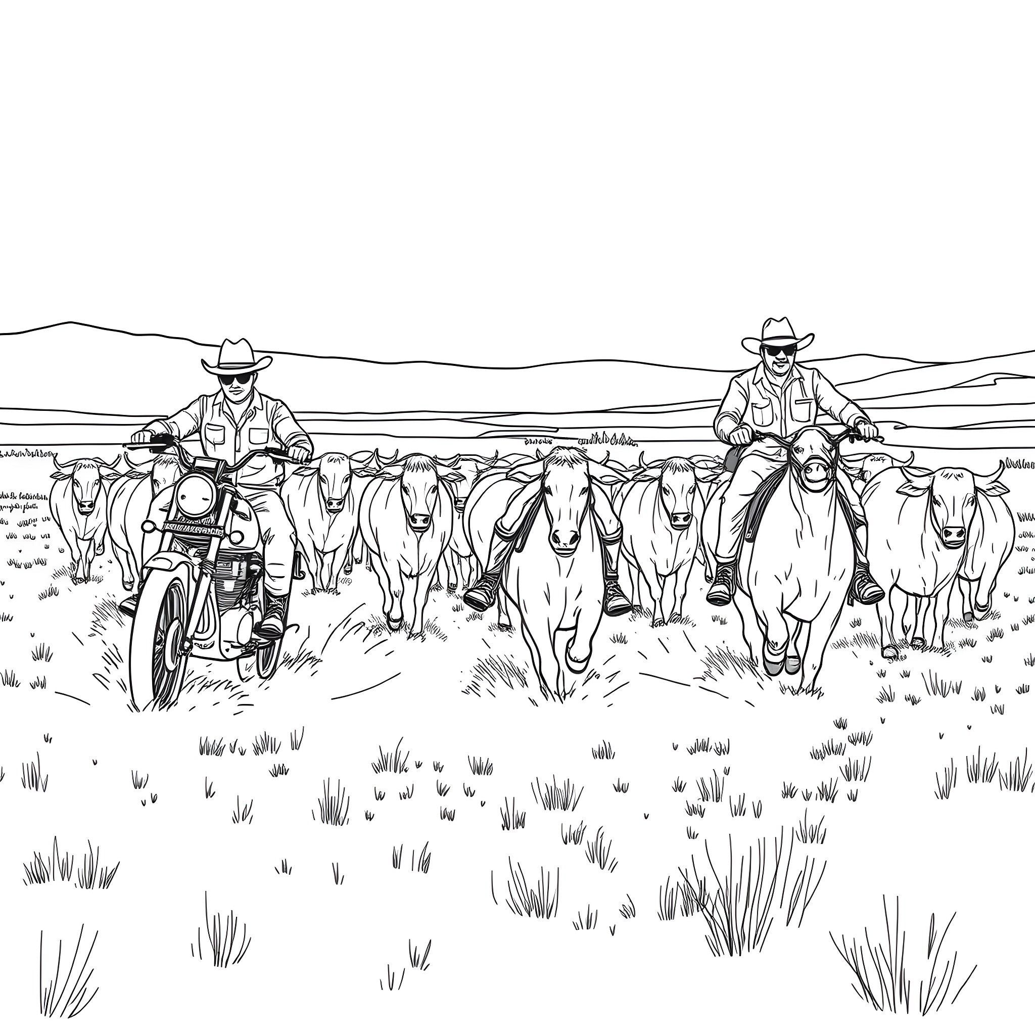 Cattle herded by cowboys on motorcycles in the rural landscape Coloring Page (free black-and-white line drawing printable PDF for all, from beginners to advanced learners, including children, teens, adults, and seniors)