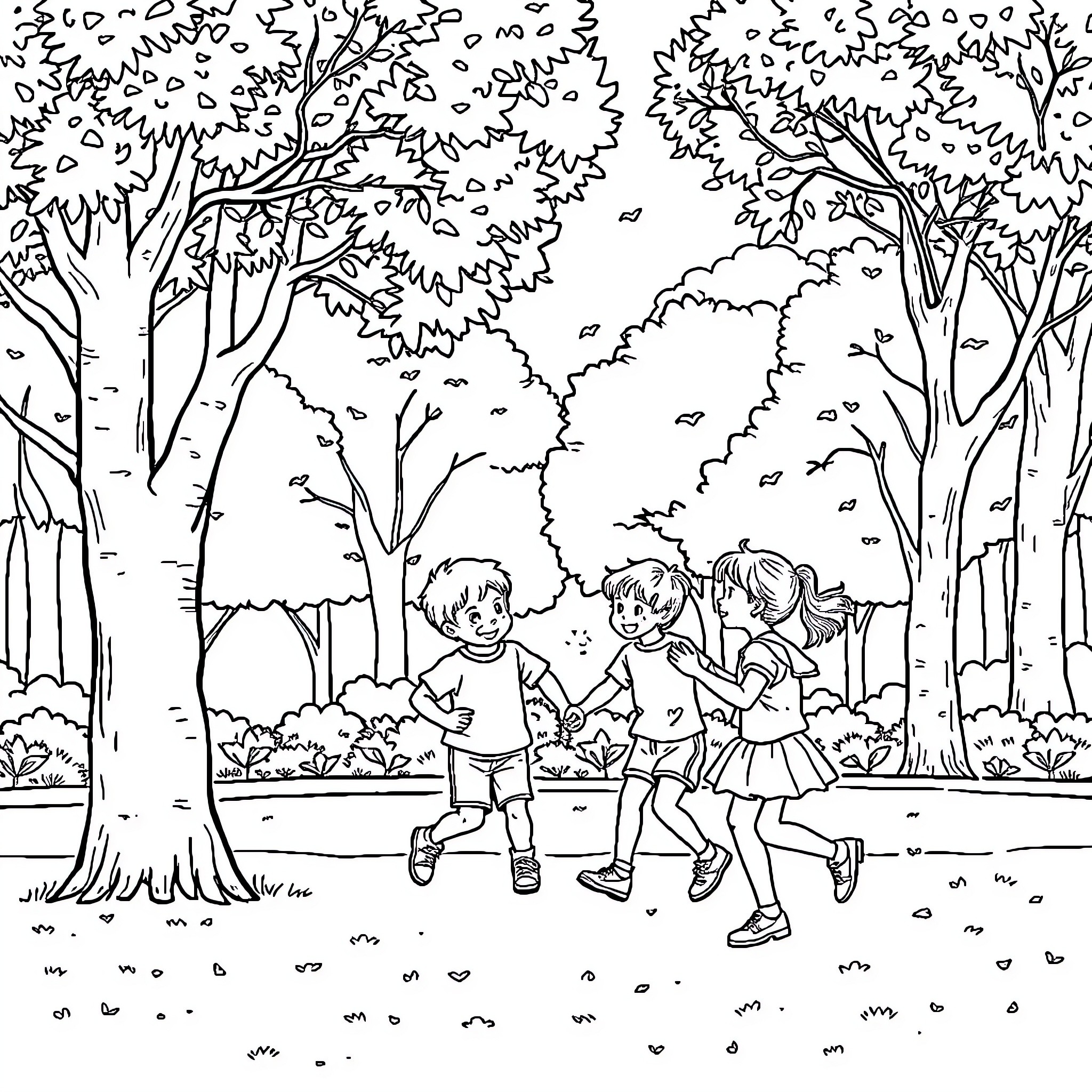 Child playing with friends in the park Coloring Page (free black-and-white line drawing printable PDF for all, from beginners to advanced learners, including children, teens, adults, and seniors)