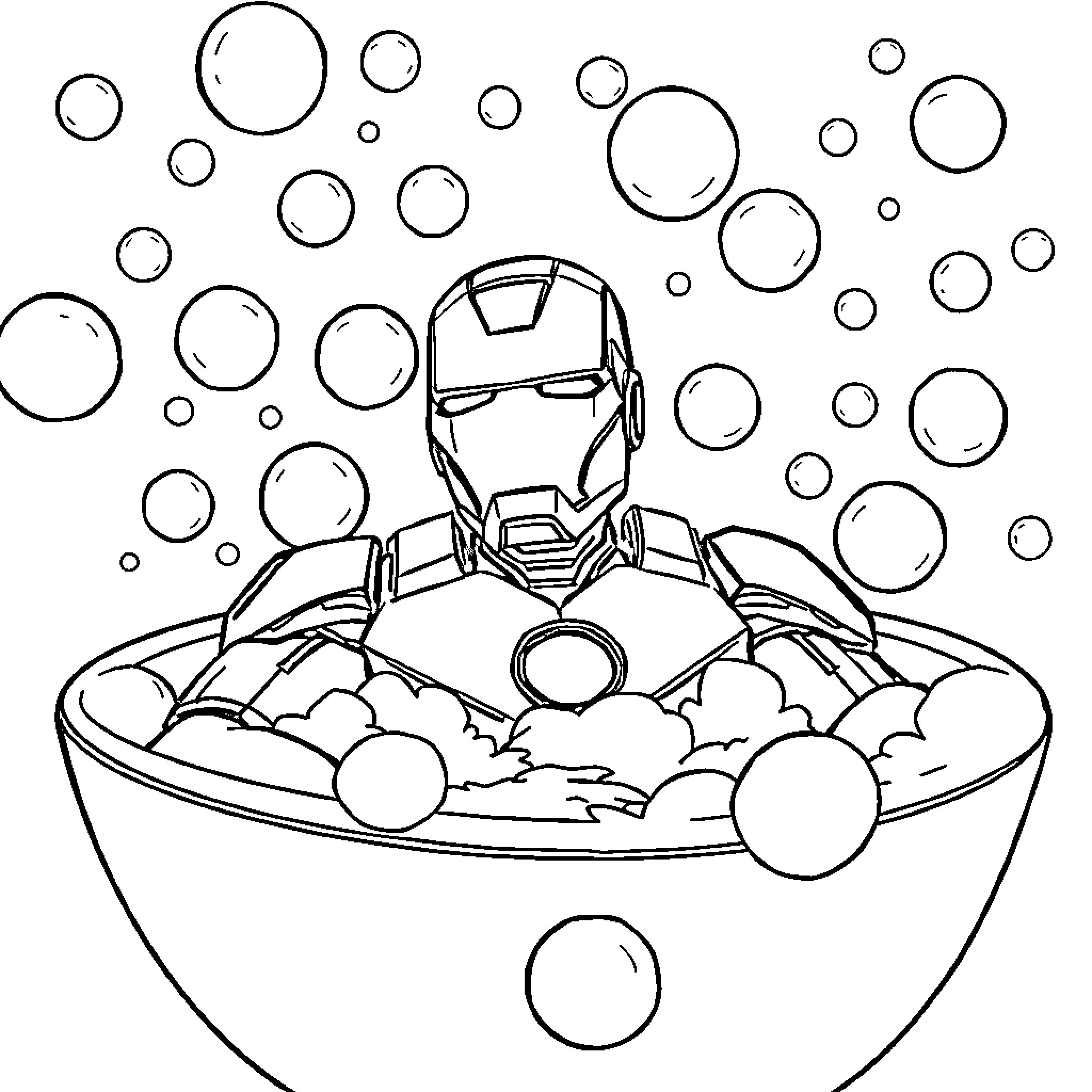 Iron Man enjoying a bubble bath Coloring Page (free black-and-white line drawing printable PDF for all, from beginners to advanced learners, including children, teens, adults, and seniors)
