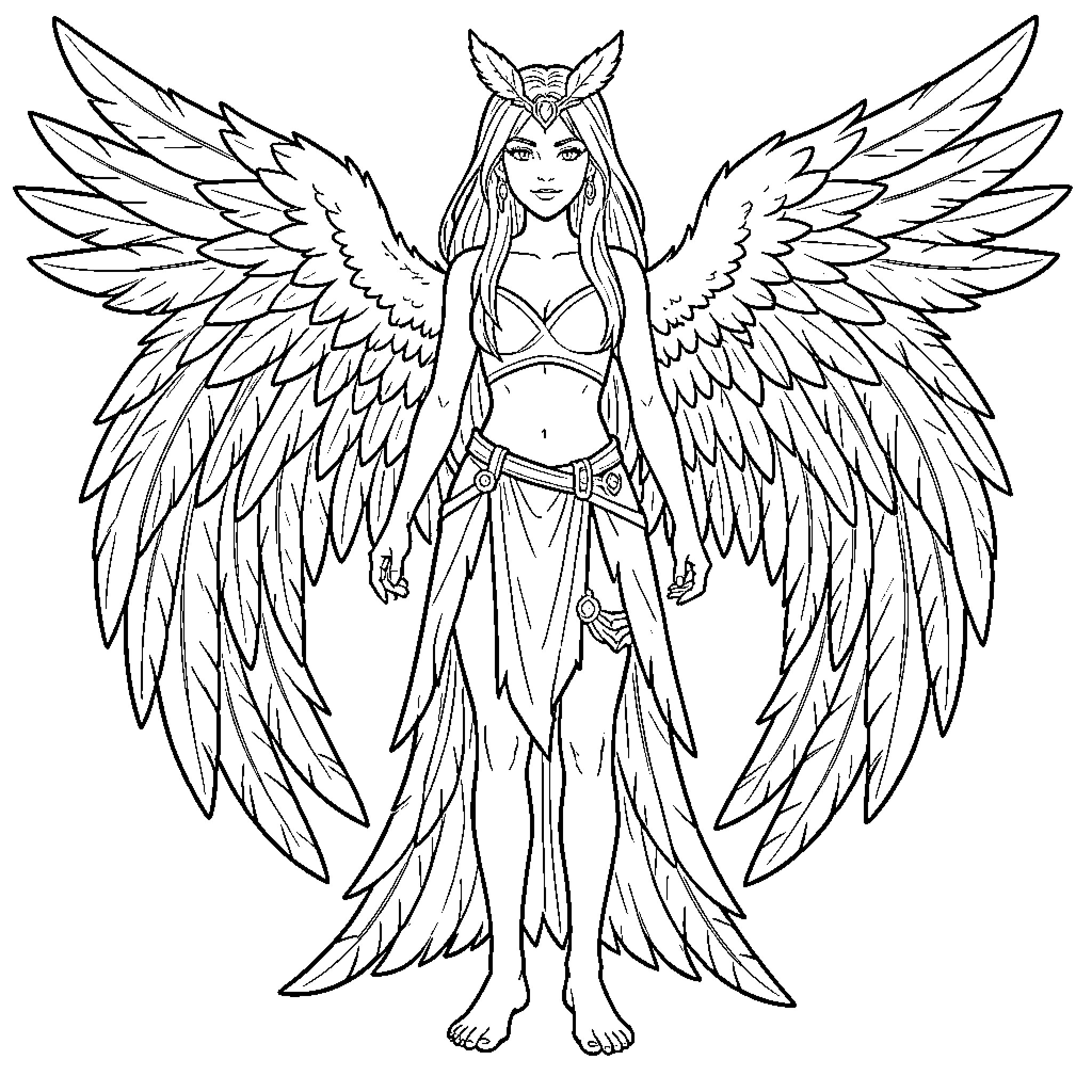 Harpy standing tall with large spread wings Coloring Page (free black-and-white line drawing printable PDF for all, from beginners to advanced learners, including children, teens, adults, and seniors)