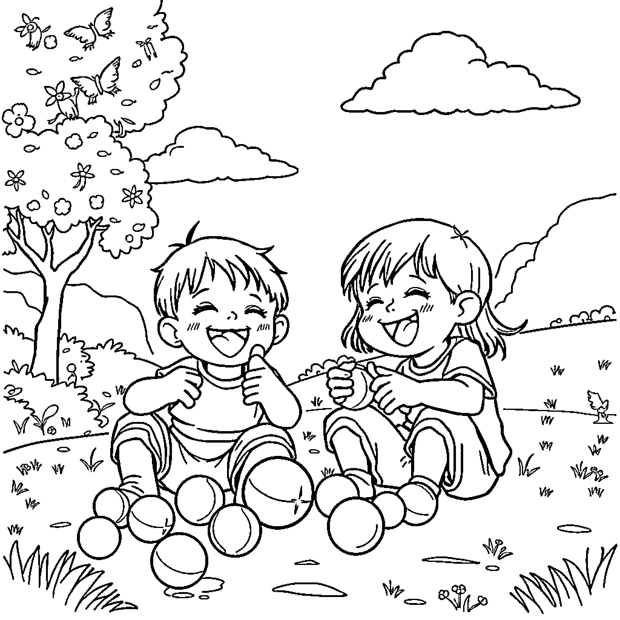 Sangokou Children playing happily outdoors Coloring Page (free black-and-white line drawing printable PDF for all, from beginners to advanced learners, including children, teens, adults, and seniors)