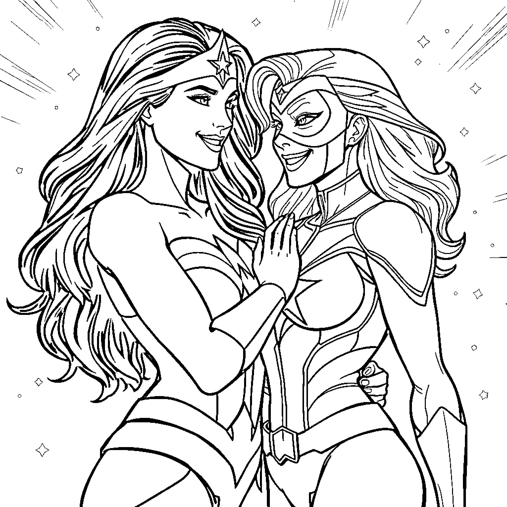 Wonder Woman and Supergirl in a heroic embrace Coloring Page (free black-and-white line drawing printable PDF for all, from beginners to advanced learners, including children, teens, adults, and seniors)