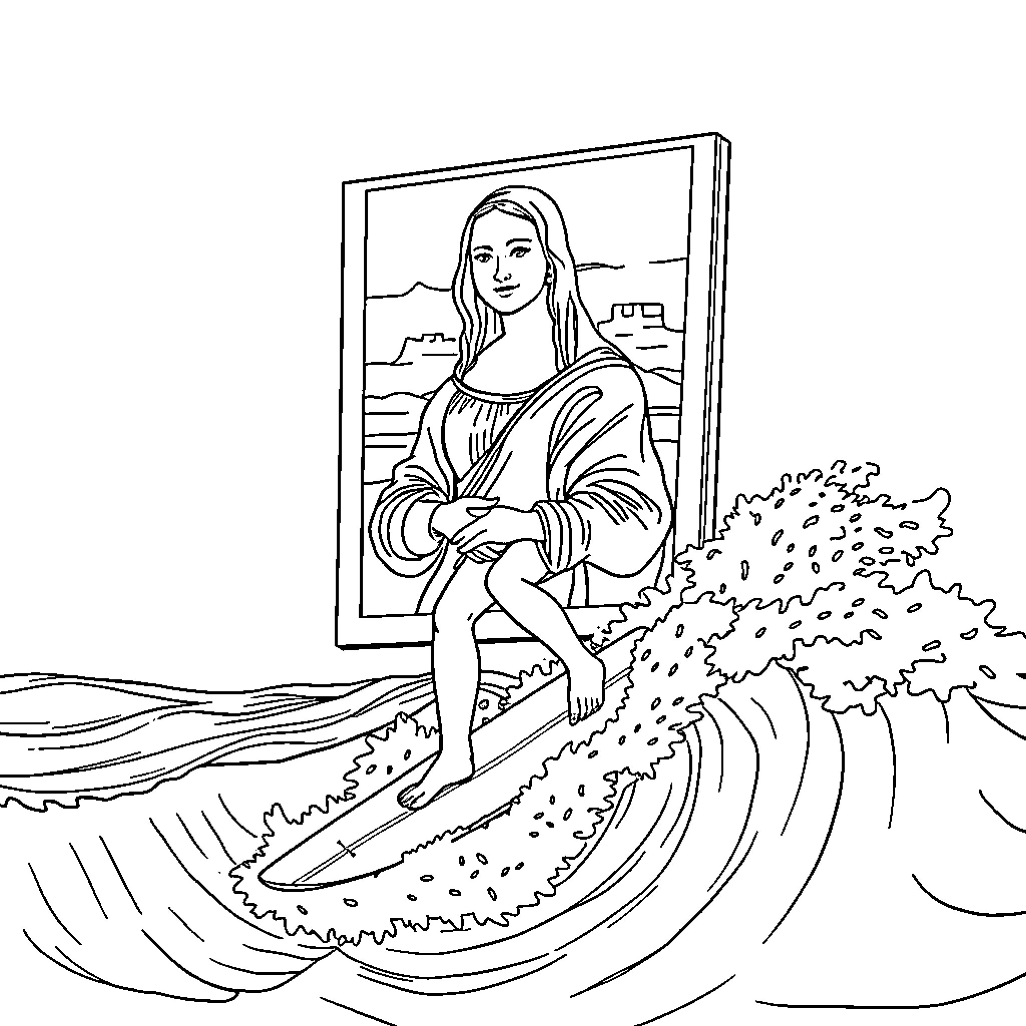 Mona Lisa surfing the waves Coloring Page (free black-and-white line drawing printable PDF for all, from beginners to advanced learners, including children, teens, adults, and seniors)