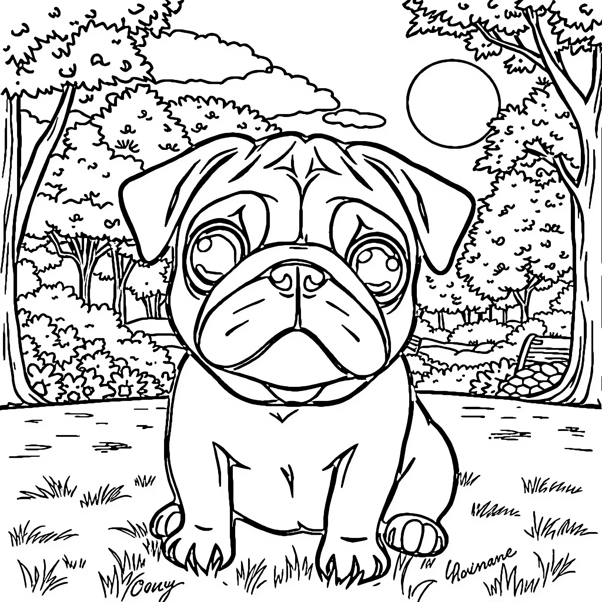 Pug enjoying the outdoors in a scenic landscape Coloring Page (free black-and-white line drawing printable PDF for all, from beginners to advanced learners, including children, teens, adults, and seniors)