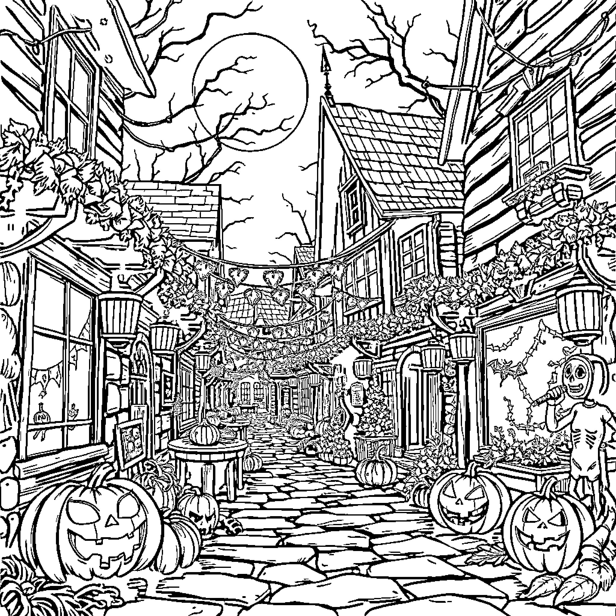 Halloween in a Spooky Village Coloring Page (free black-and-white line drawing printable PDF for all, from beginners to advanced learners, including children, teens, adults, and seniors)