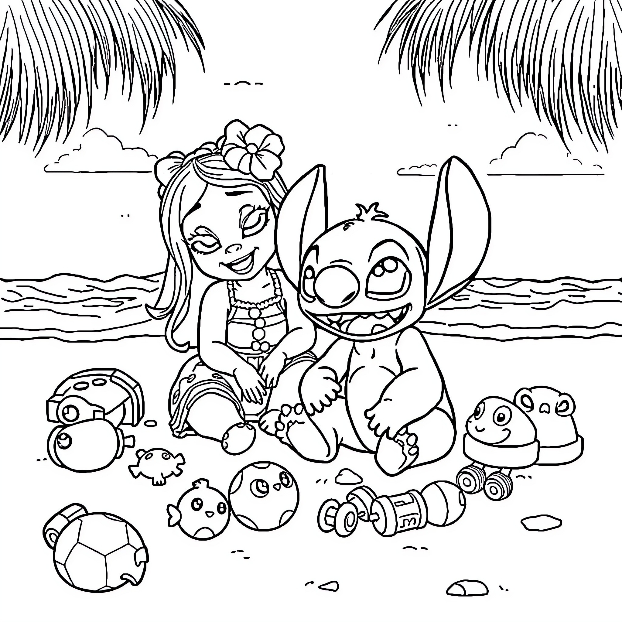 Lilo playing joyfully with Stitch and toys on the beach Coloring Page (free black-and-white line drawing printable PDF for all, from beginners to advanced learners, including children, teens, adults, and seniors)