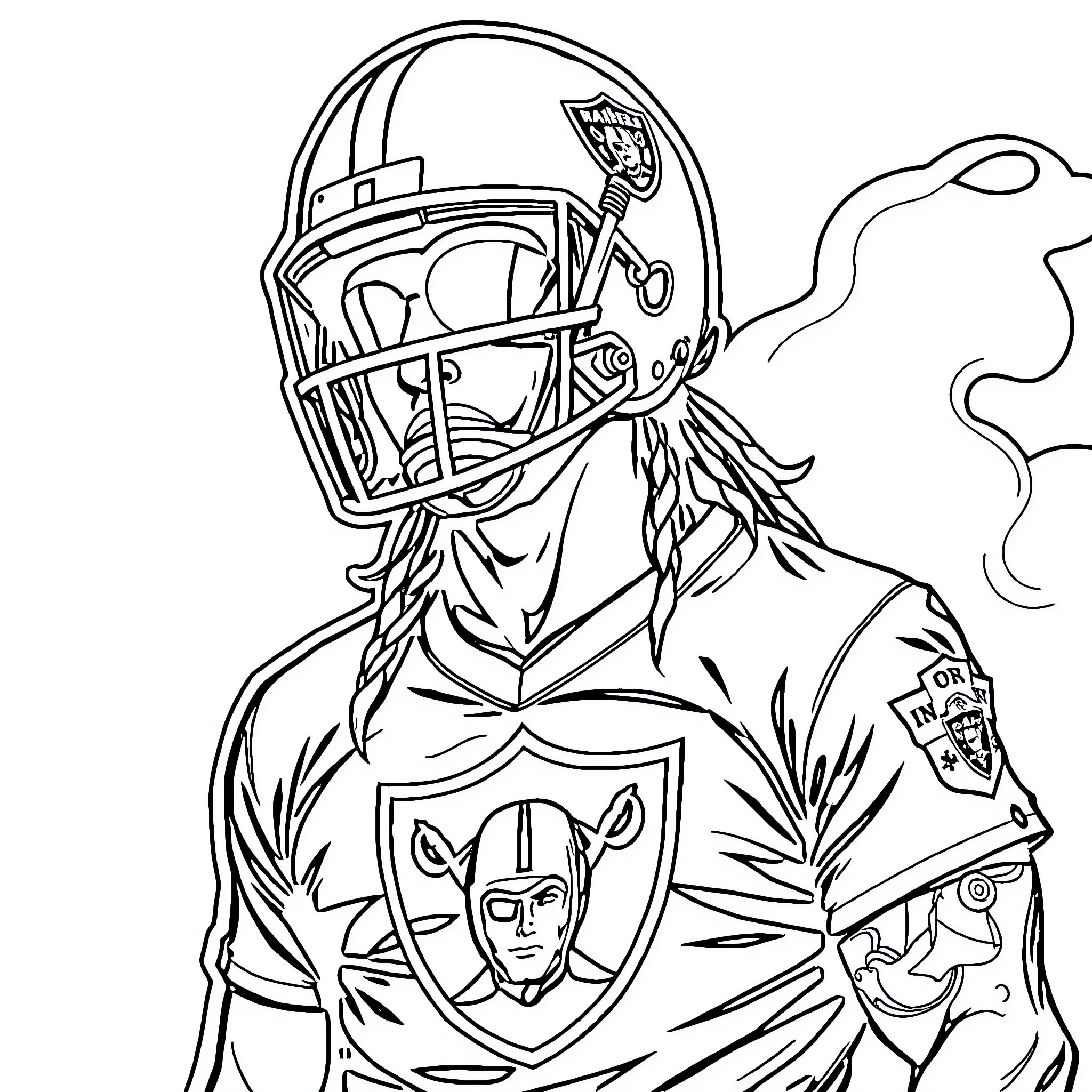Skeleton football player in uniform smoking Coloring Page (free black-and-white line drawing printable PDF for all, from beginners to advanced learners, including children, teens, adults, and seniors)