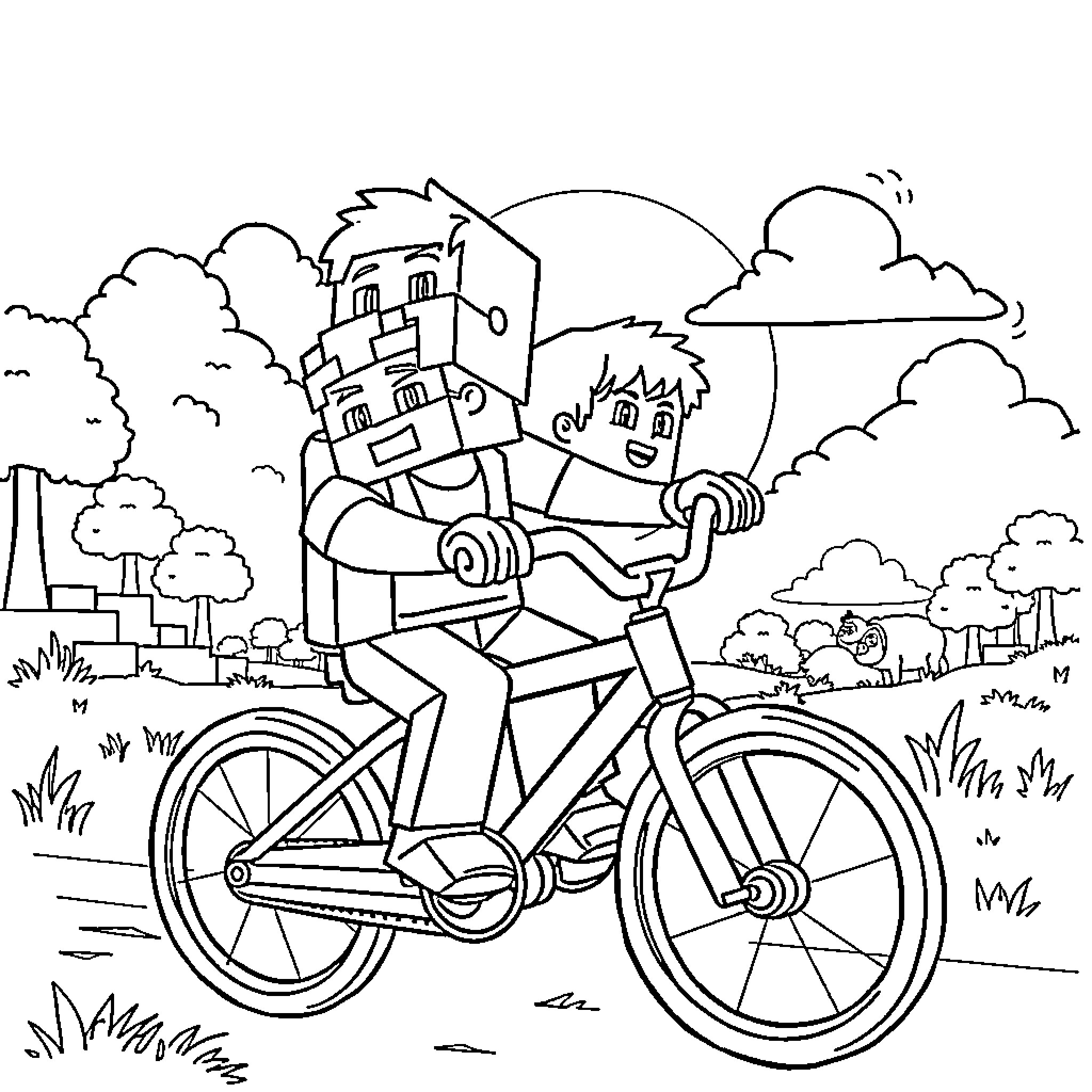 Steve's Joyful Bicycle Adventure in the Countryside Coloring Page (free black-and-white line drawing printable PDF for all, from beginners to advanced learners, including children, teens, adults, and seniors)