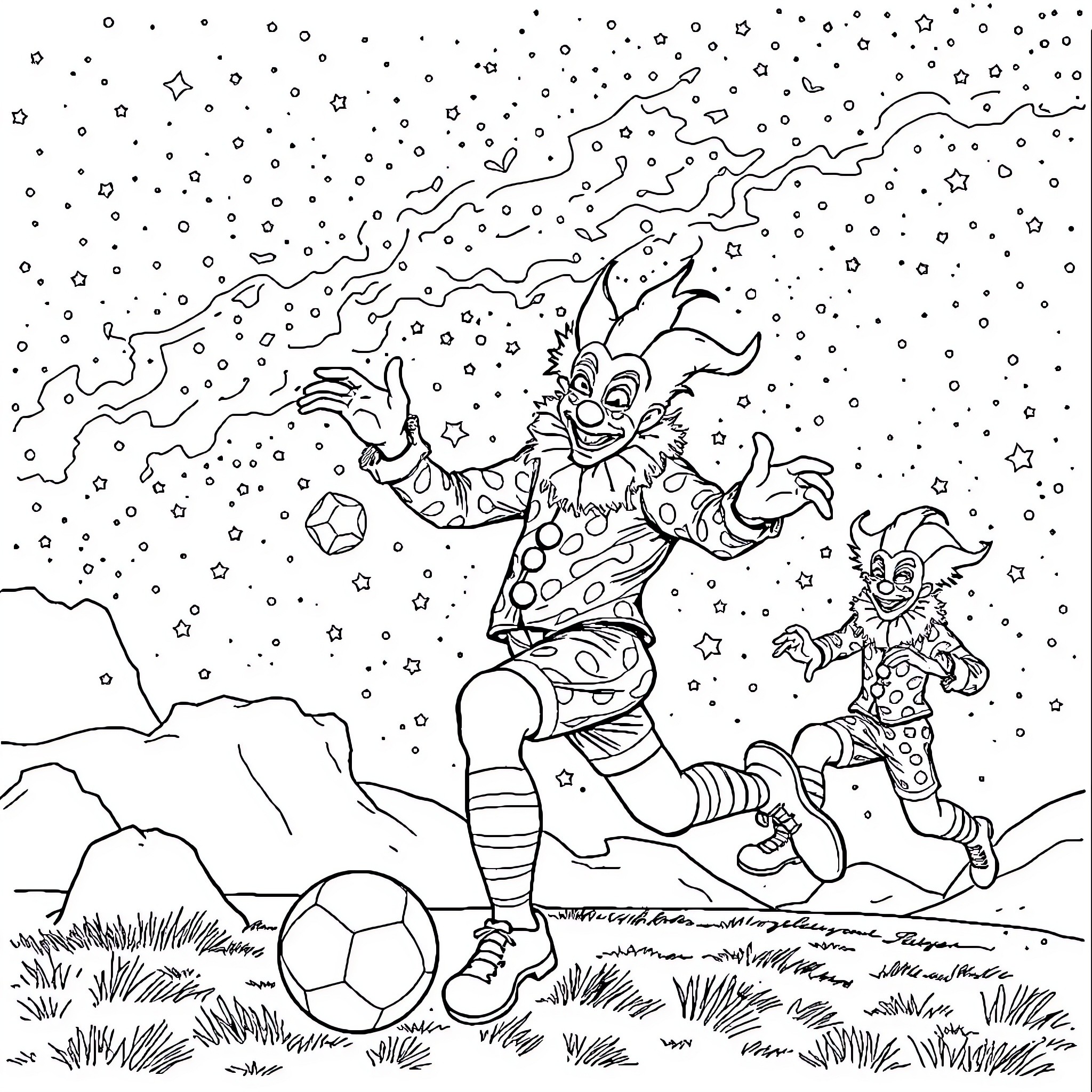Clown juggling balls in snowy field Coloring Page (free black-and-white line drawing printable PDF for all, from beginners to advanced learners, including children, teens, adults, and seniors)