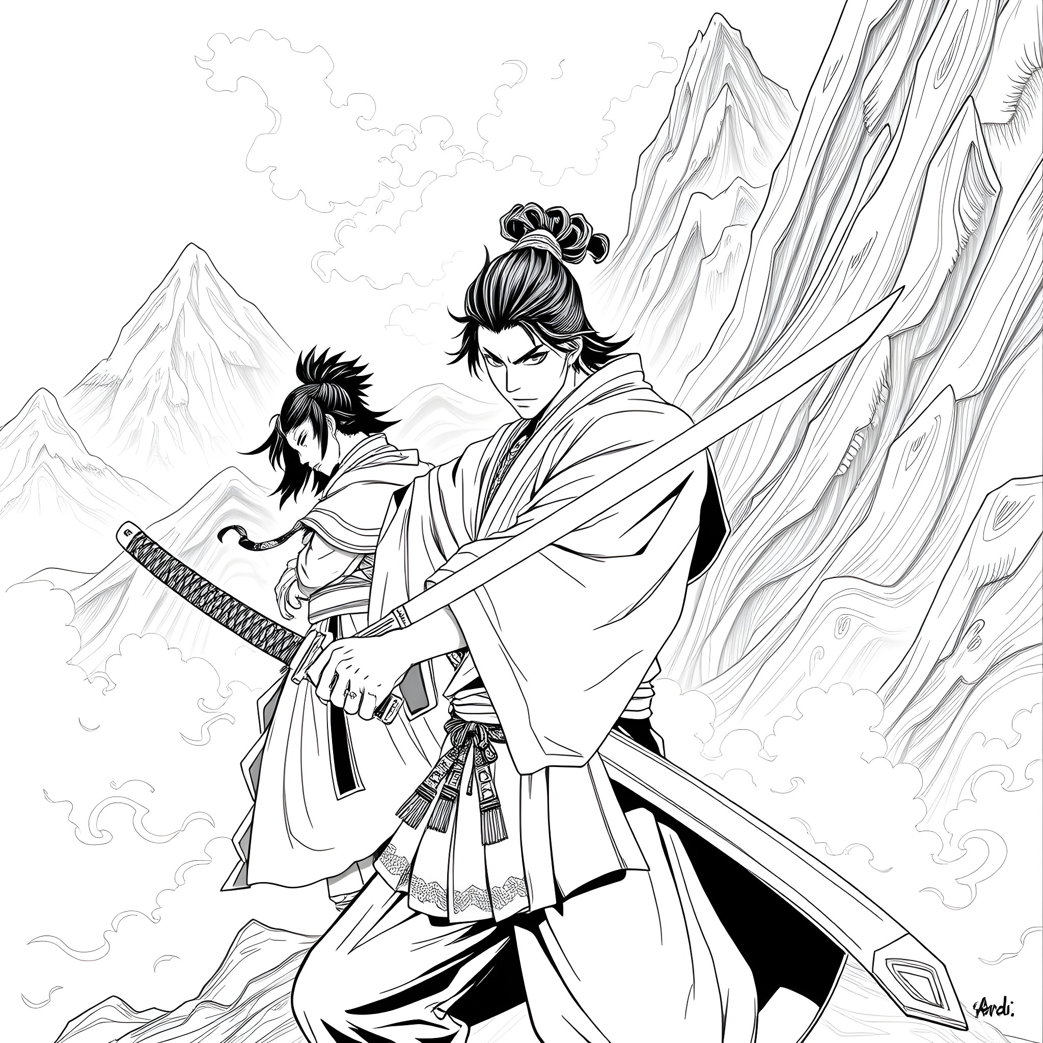 Tanjiro and Zenitsu facing off in a dramatic battle Coloring Page (free black-and-white line drawing printable PDF for all, from beginners to advanced learners, including children, teens, adults, and seniors)