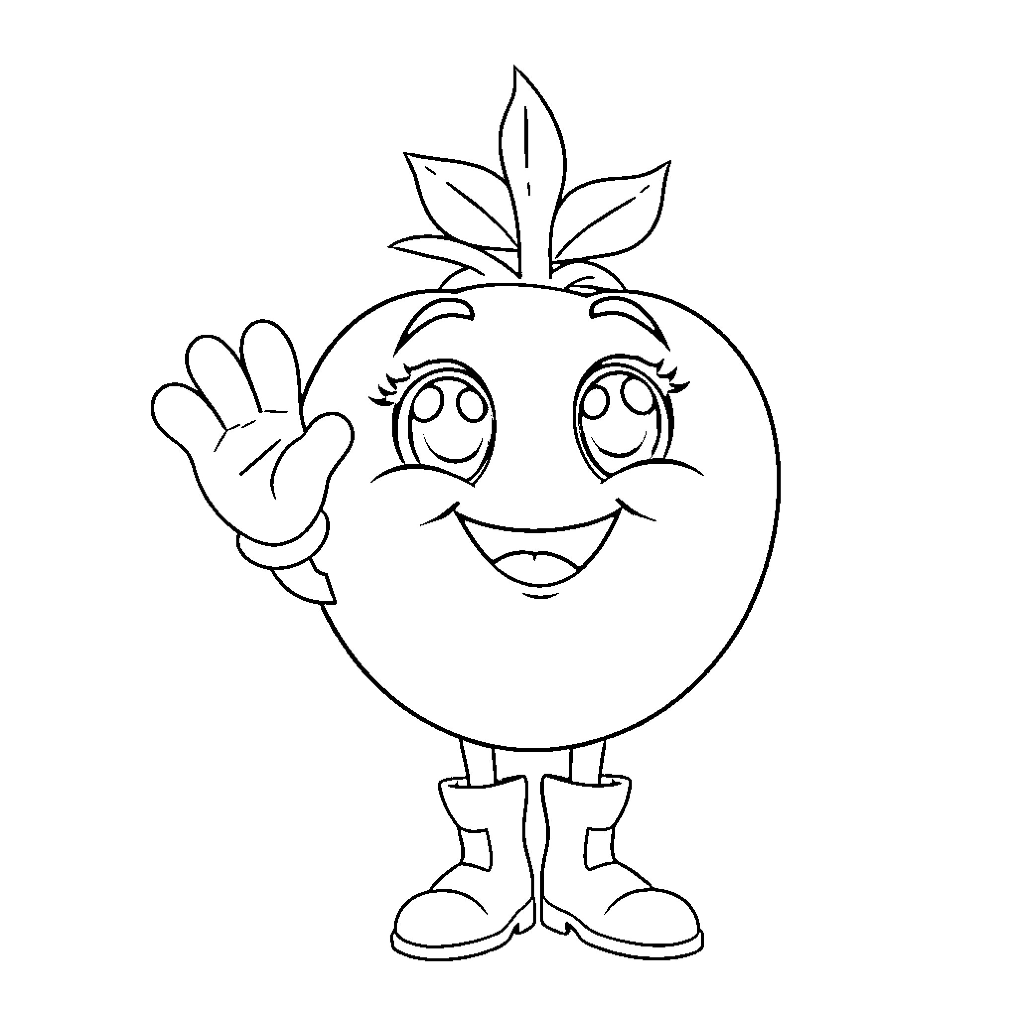 Tomato character waving hello happily Coloring Page (free black-and-white line drawing printable PDF for all, from beginners to advanced learners, including children, teens, adults, and seniors)