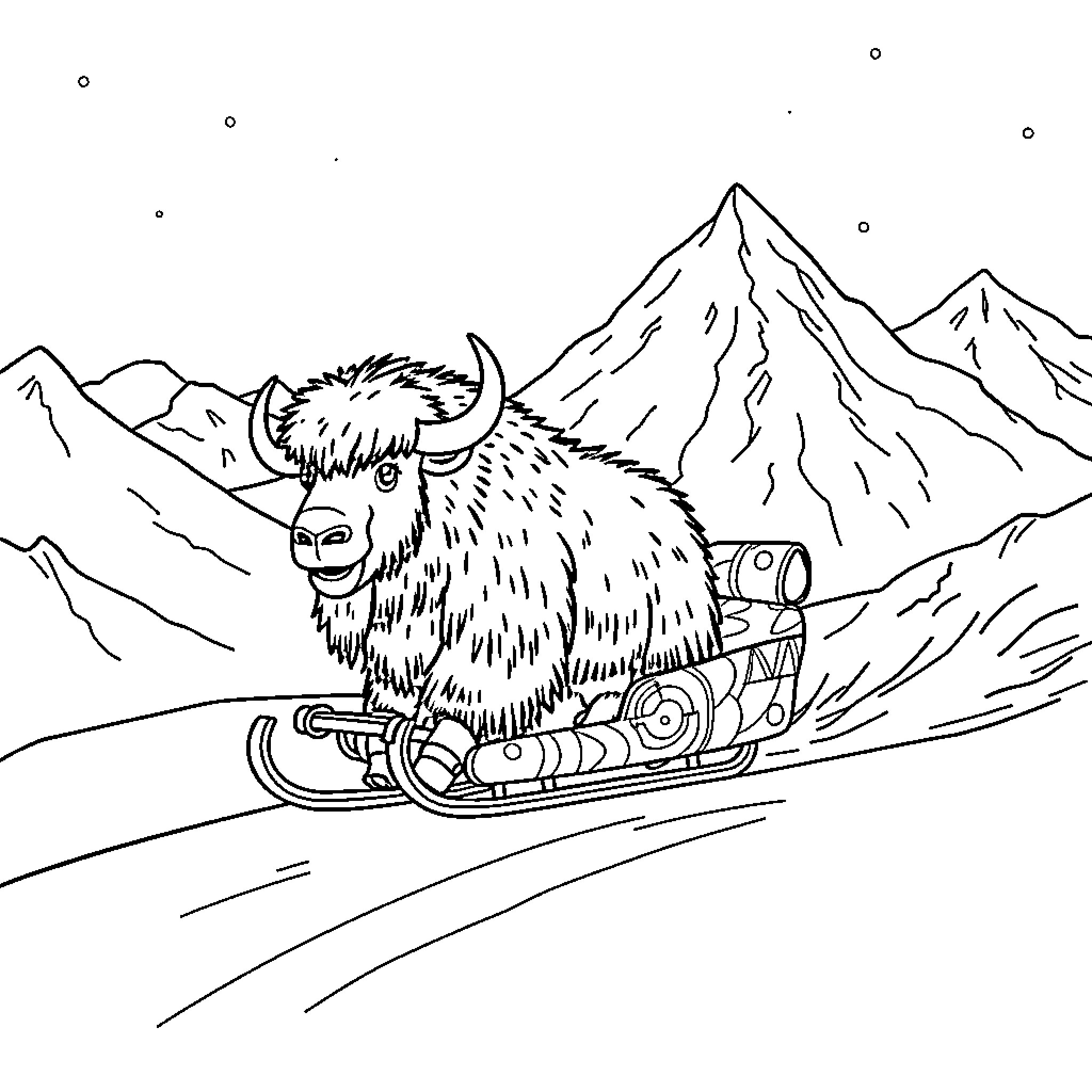 Muskox sledding through snowy mountains Coloring Page (free black-and-white line drawing printable PDF for all, from beginners to advanced learners, including children, teens, adults, and seniors)