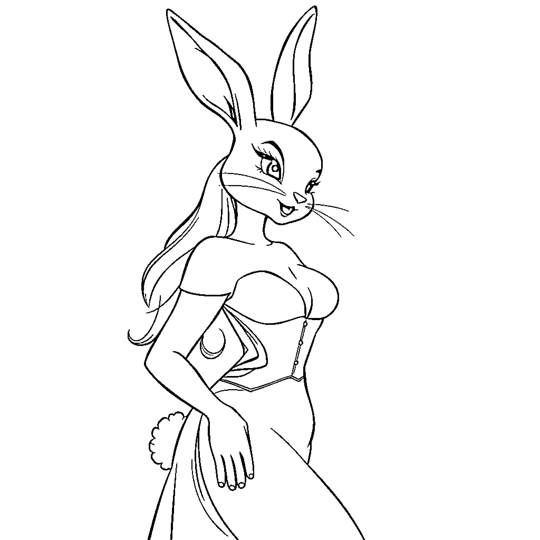 Jessi Rabbit posing in an elegant evening gown Coloring Page (free black-and-white line drawing printable PDF for all, from beginners to advanced learners, including children, teens, adults, and seniors)