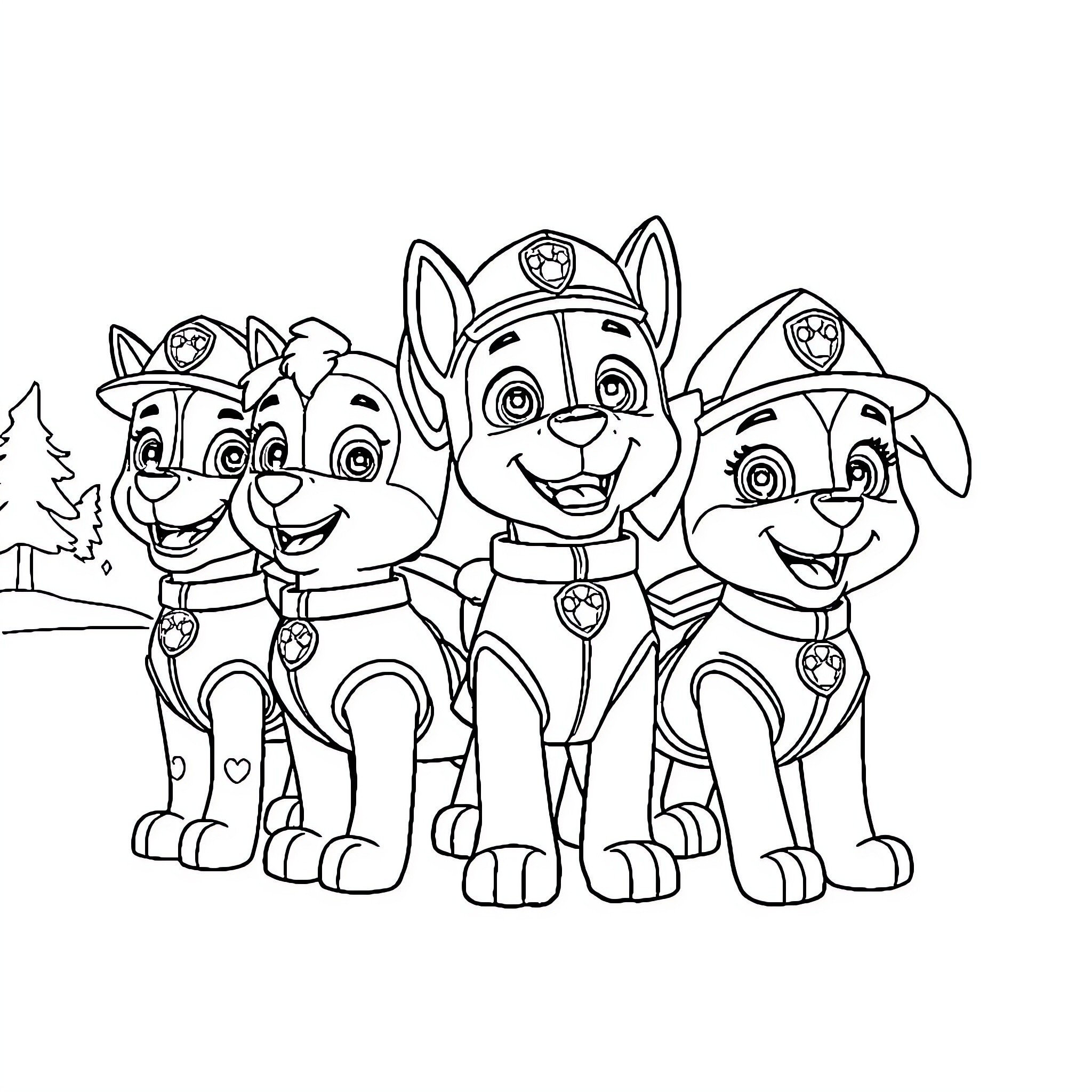 Paw Patrol pups in uniform posing together Coloring Page (free black-and-white line drawing printable PDF for all, from beginners to advanced learners, including children, teens, adults, and seniors)