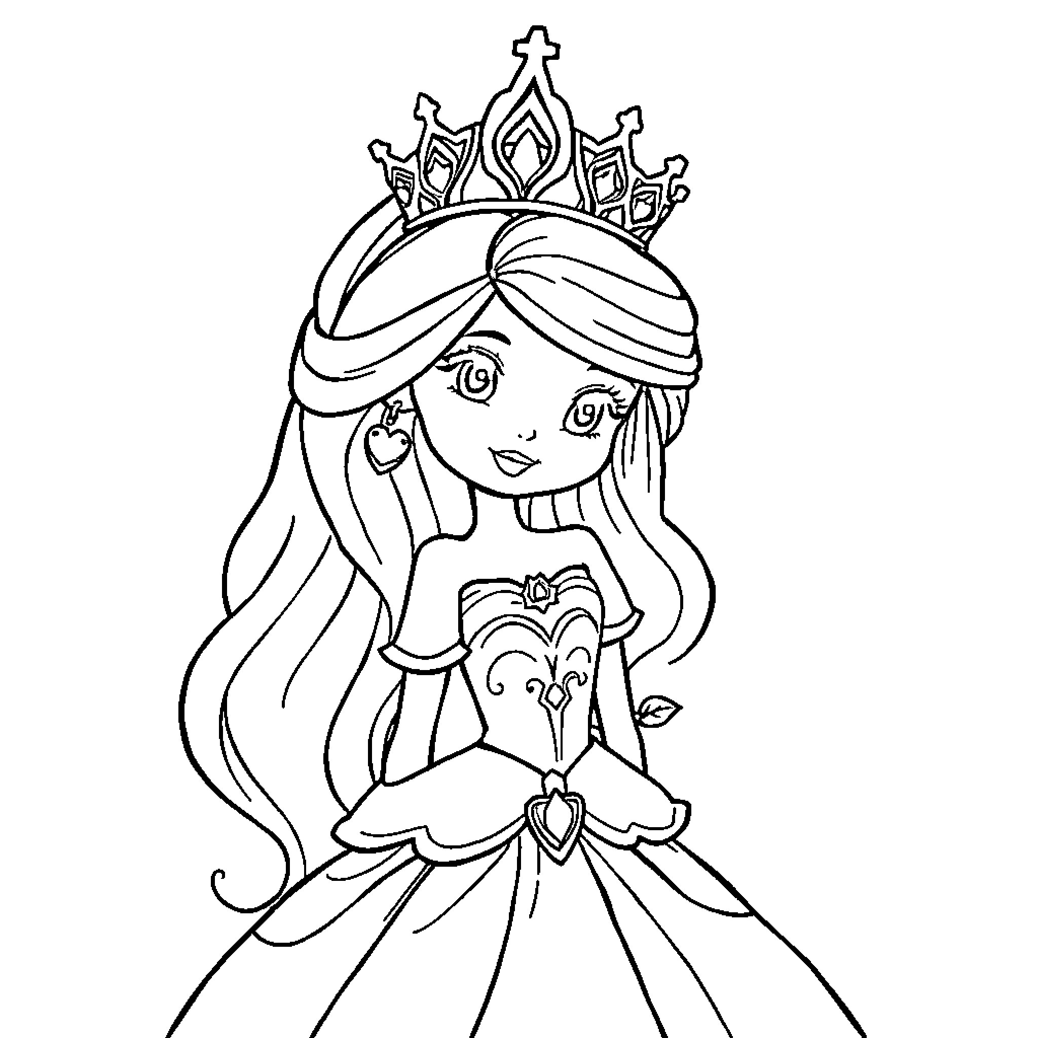 Princess in elegant dress and crown Coloring Page (free black-and-white line drawing printable PDF for all, from beginners to advanced learners, including children, teens, adults, and seniors)